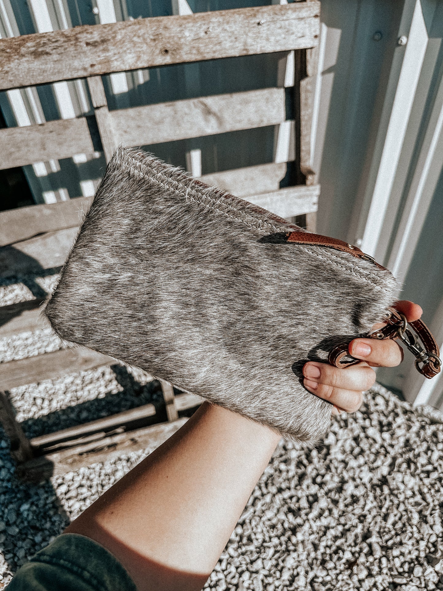 Brown & White Cowhide Wristlet Pouch