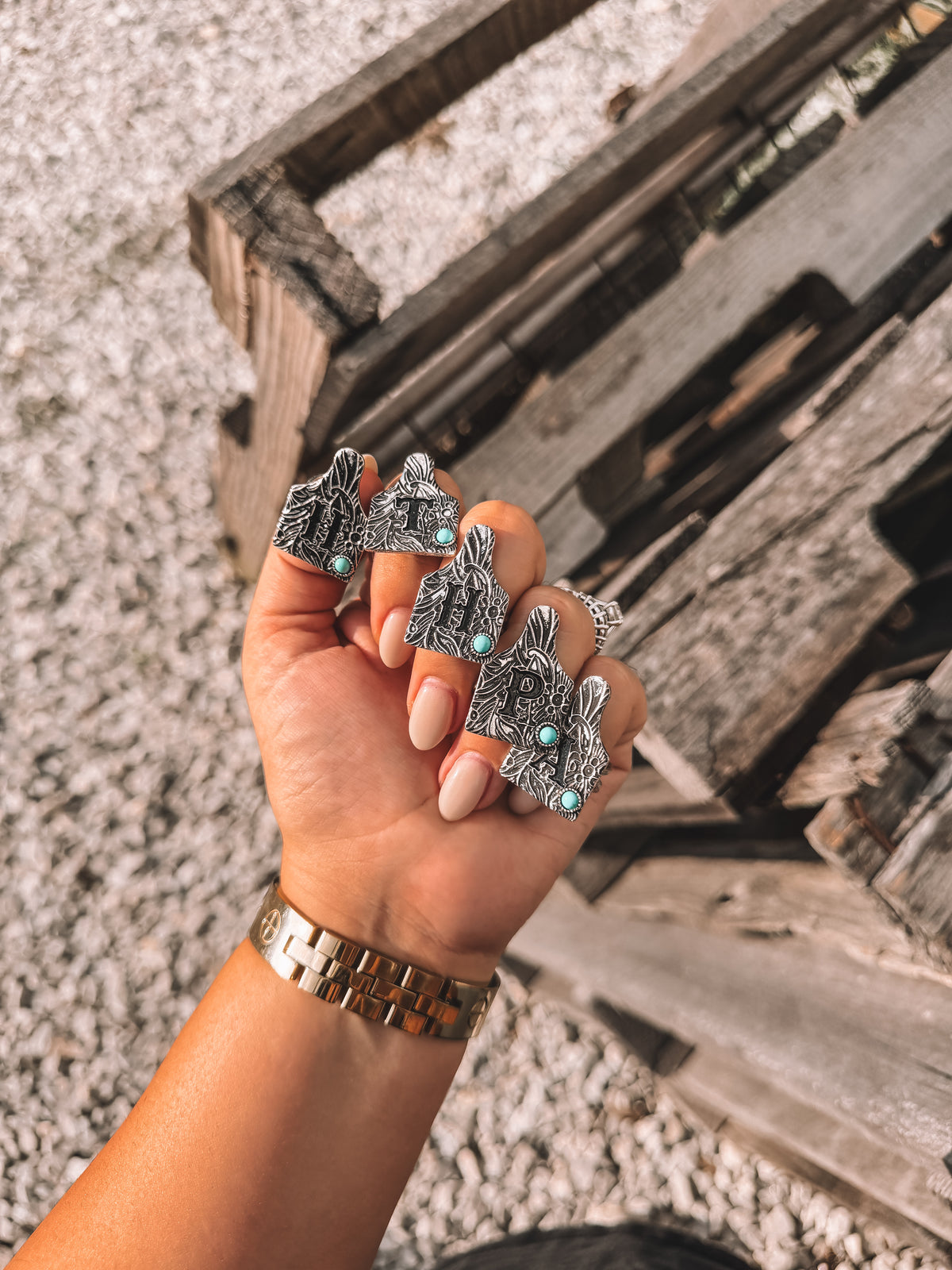 Turquoise Initial Cowtag Ring
