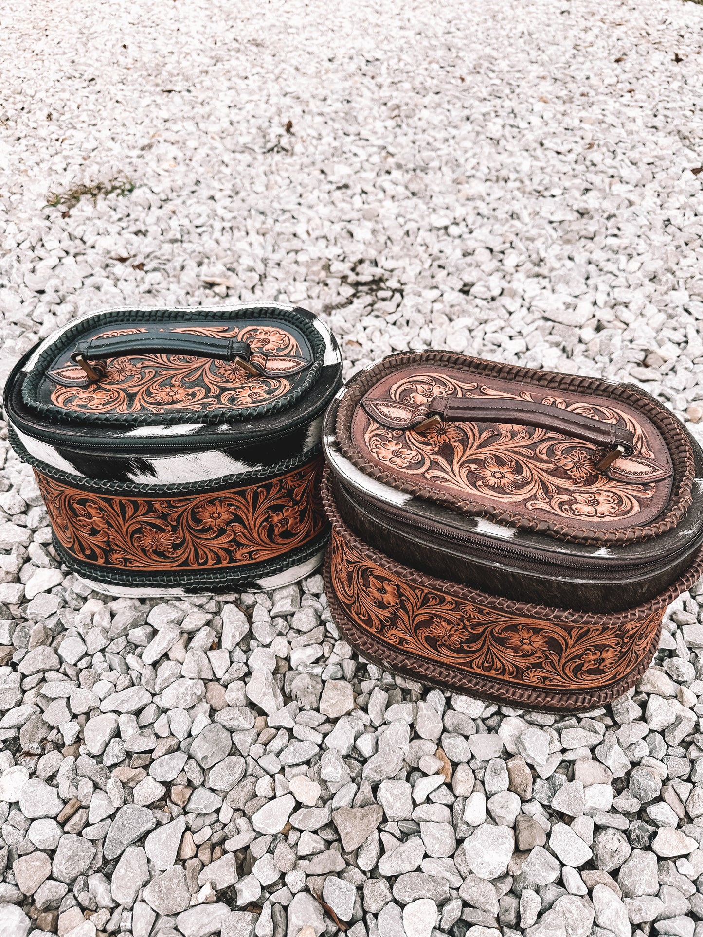 Braided Cowhide & Tooled Leather Accessory Bag in Brown