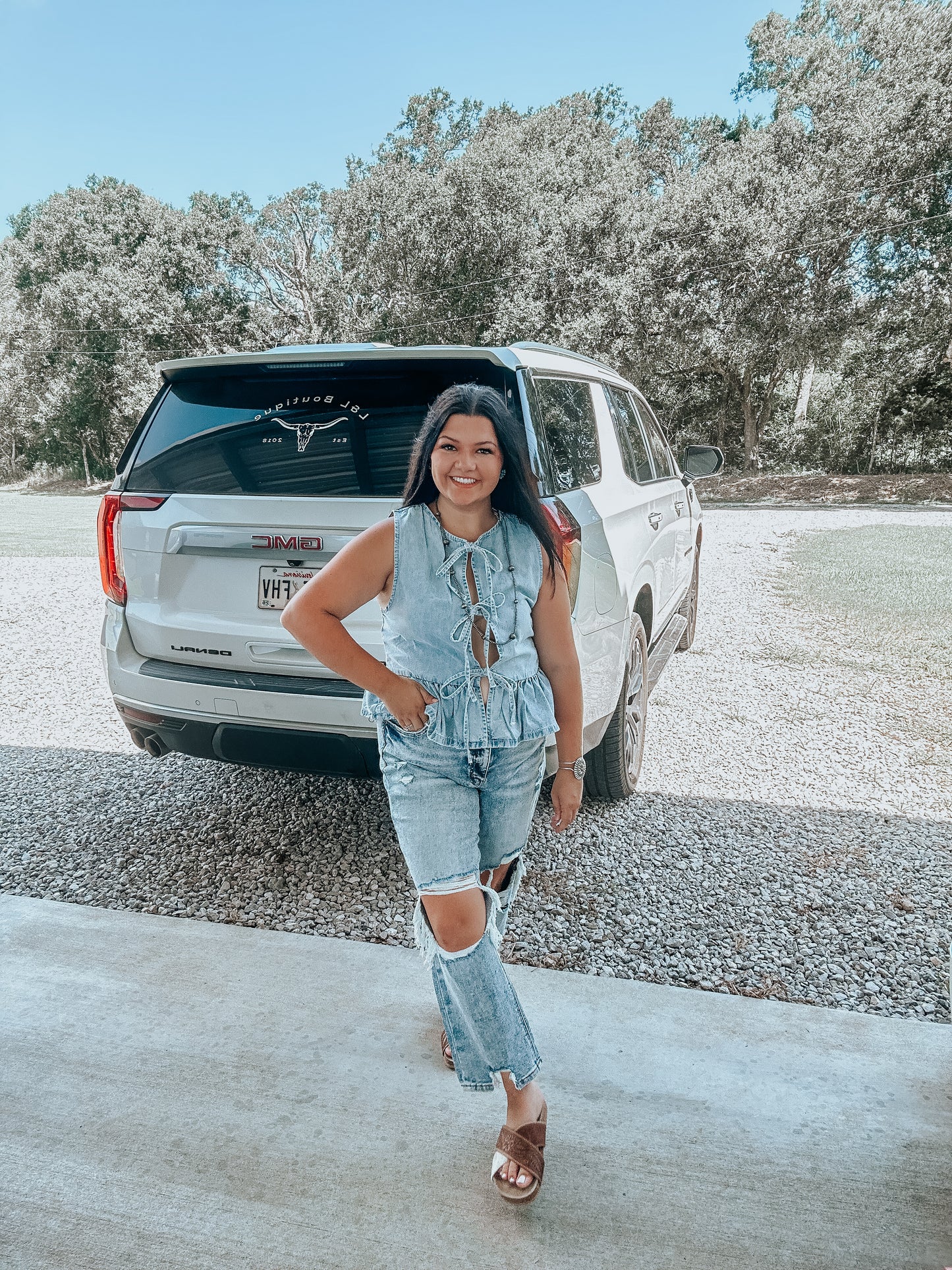 Denim Tie Ruffle Top
