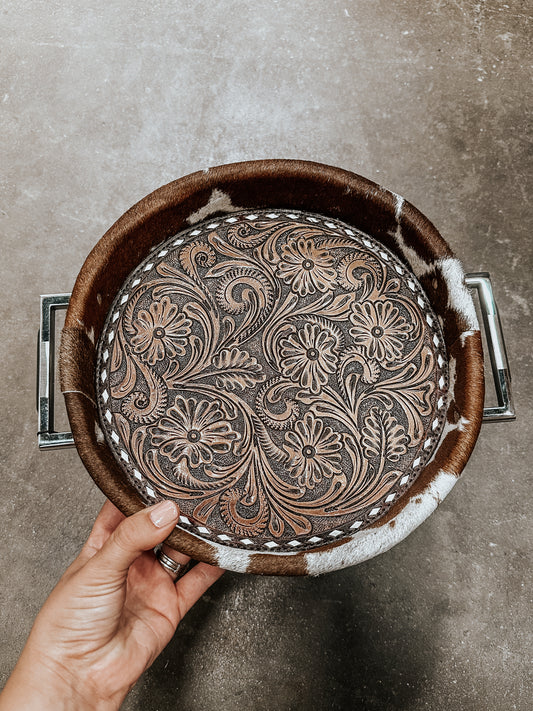 Round Cowhide Leather Tray