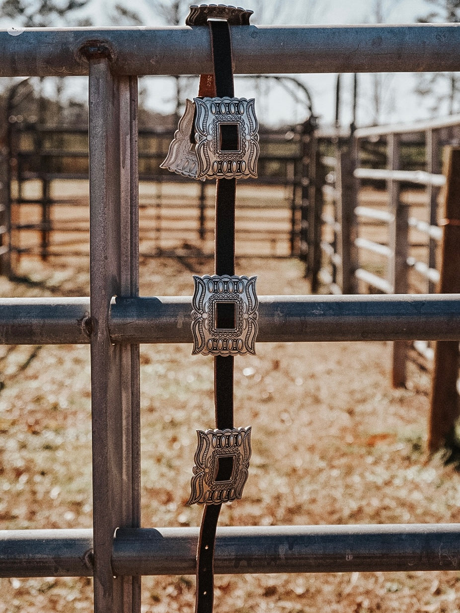 Distressed Black Leather Belt - Curved Square Conchos
