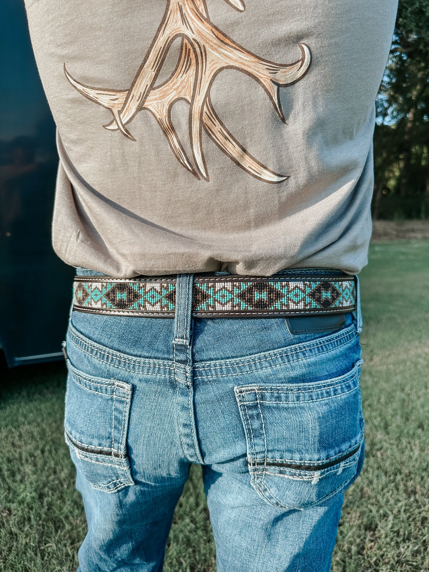 Beaded Leather Belt in Turquoise