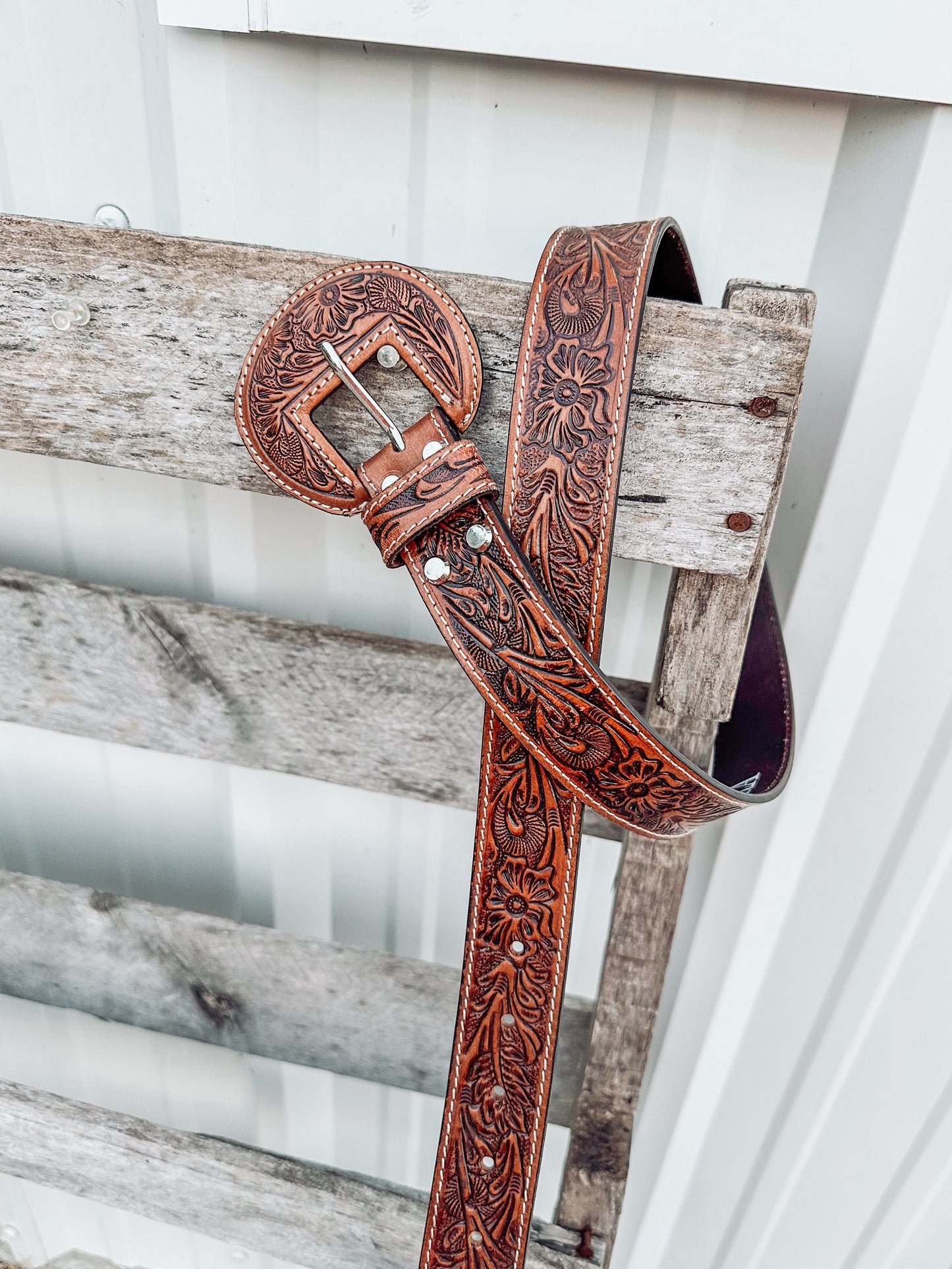 Talon Tooled Leather Belt in Brown