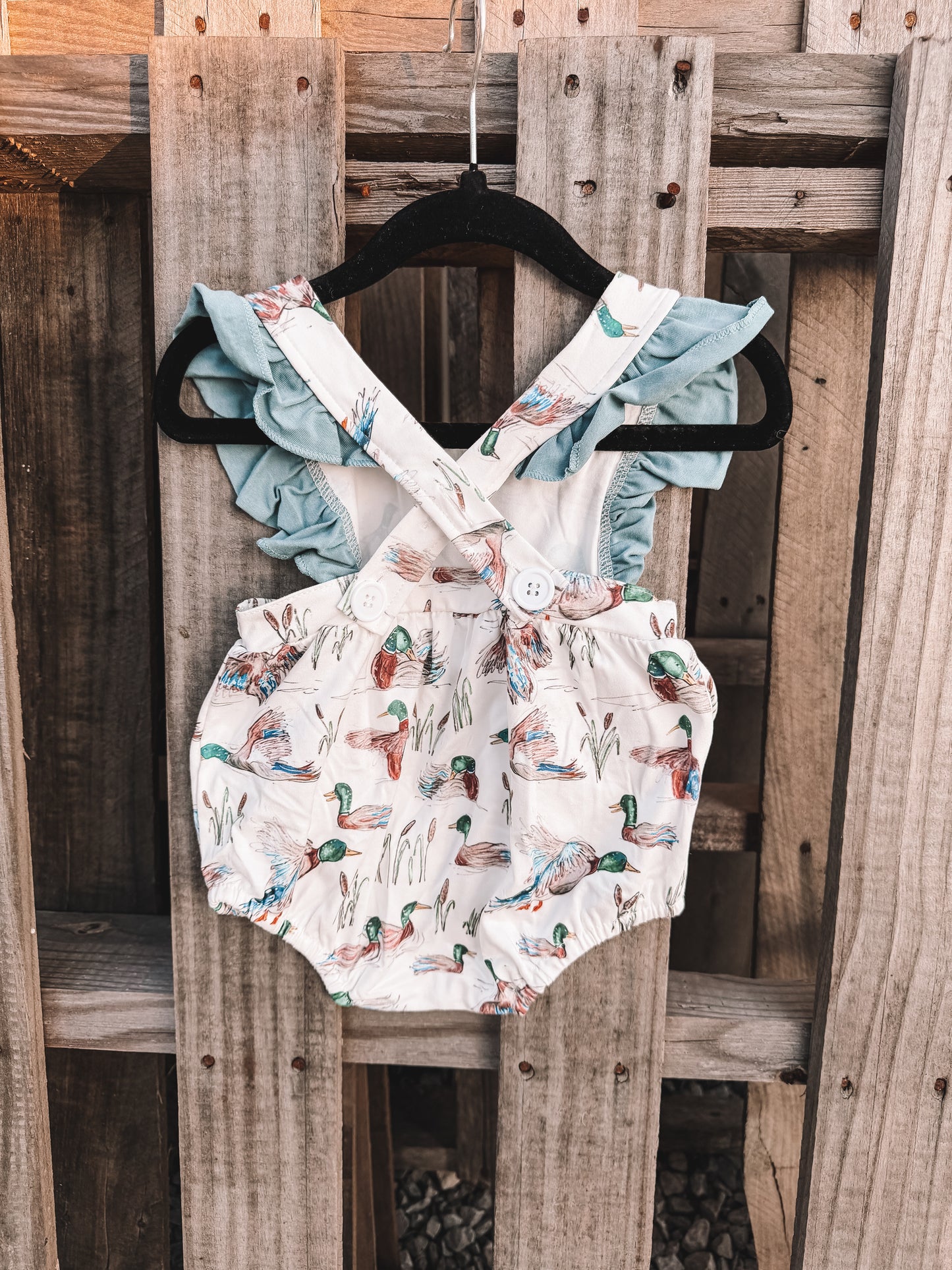 Duck in Blue Ruffle Sleeve Girls Romper