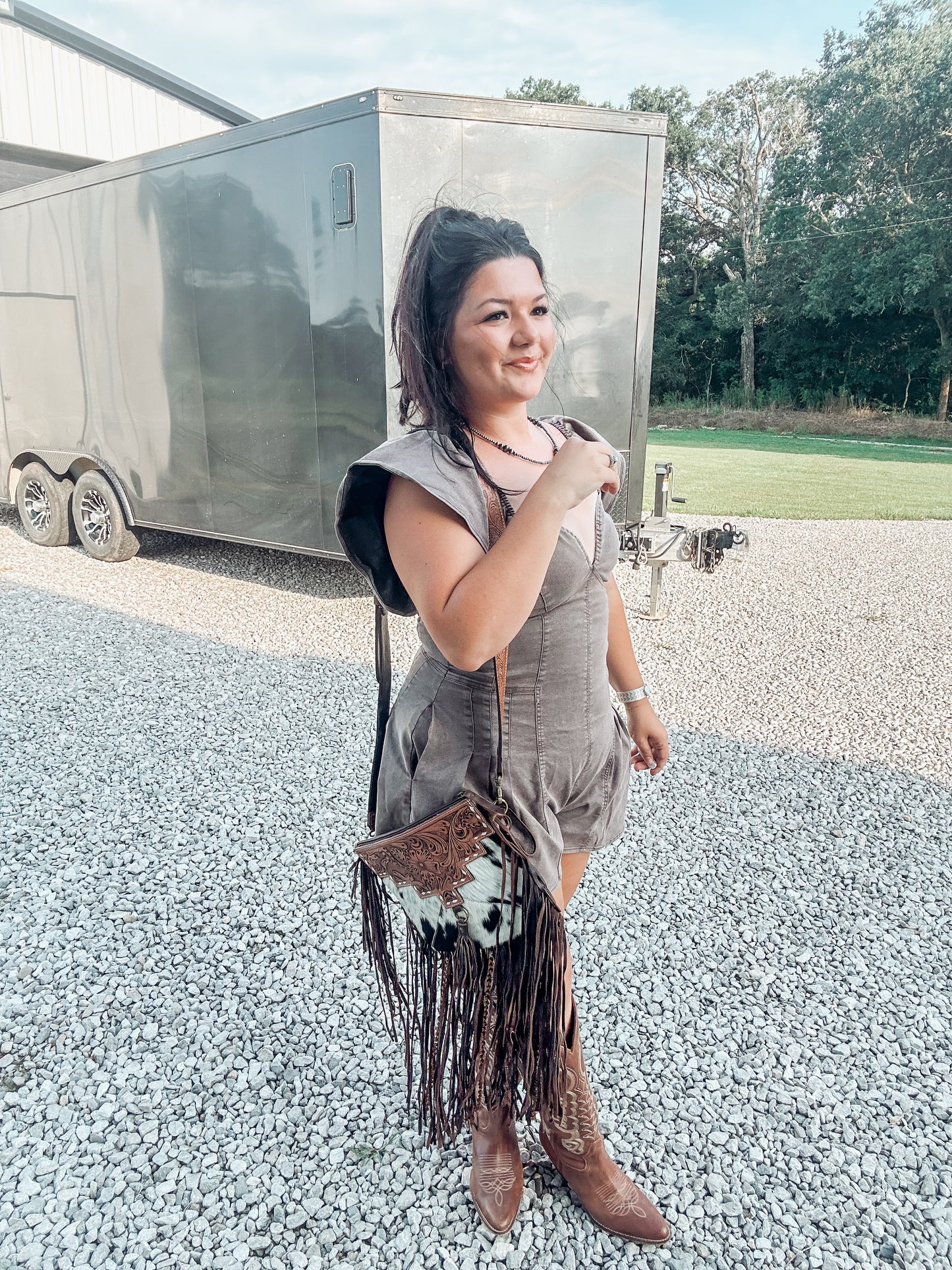 Brown Ruffle Denim Romper