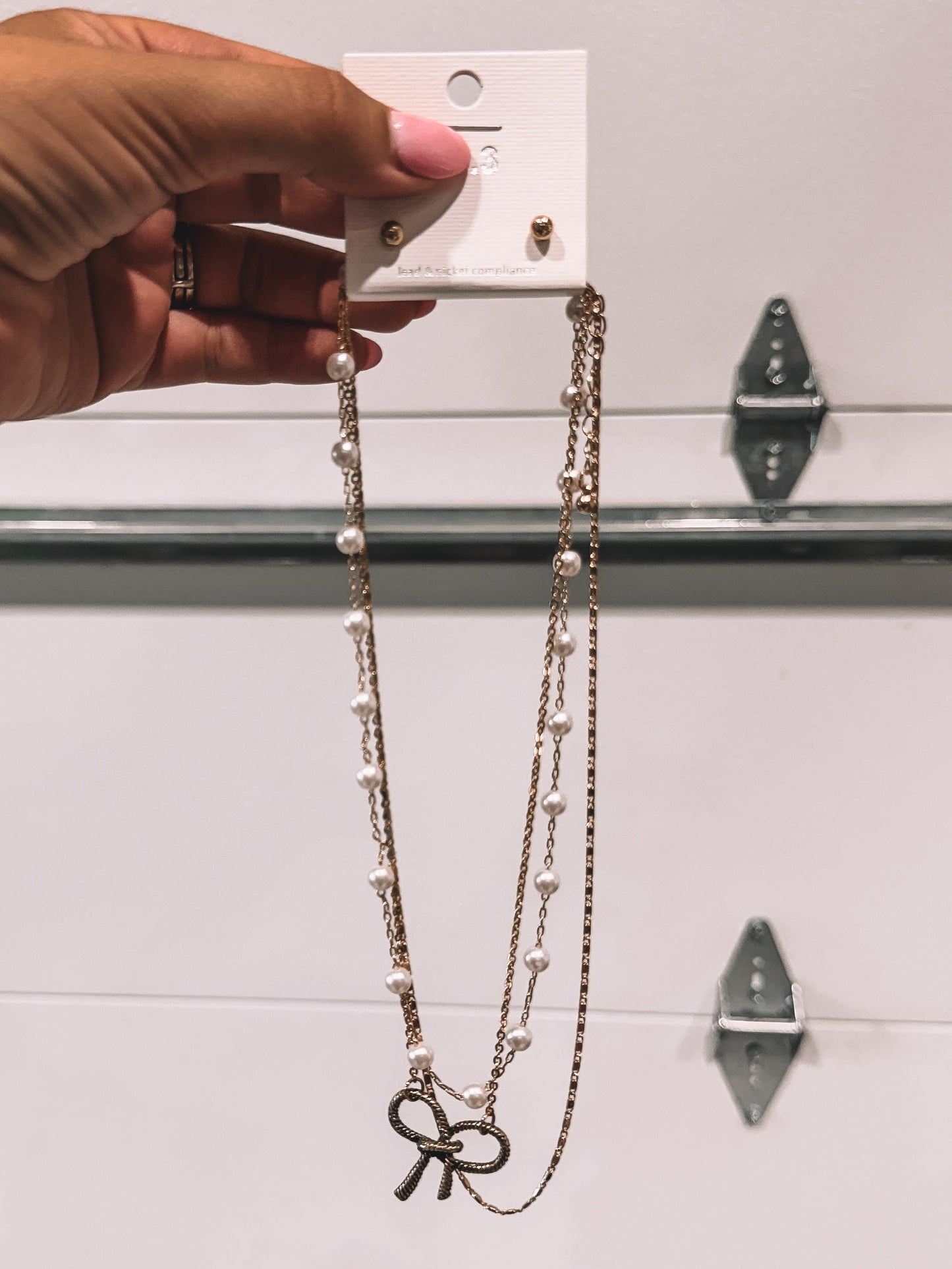 Gold Bow & Pearl Layered Necklace