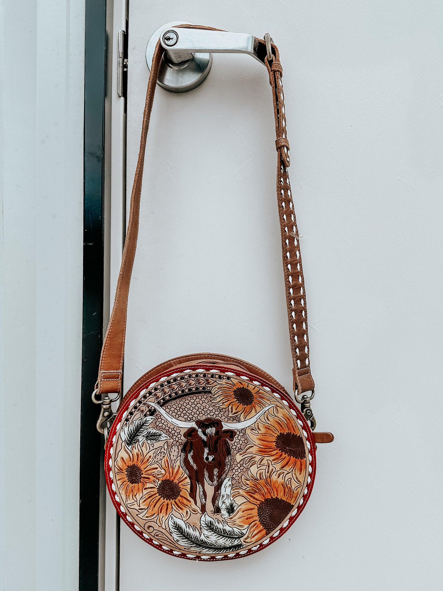 Round Longhorn Leather Crossbody