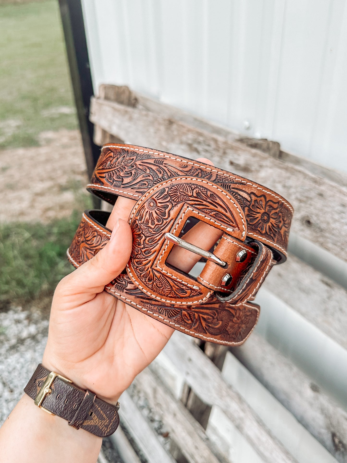 Talon Tooled Leather Belt in Brown