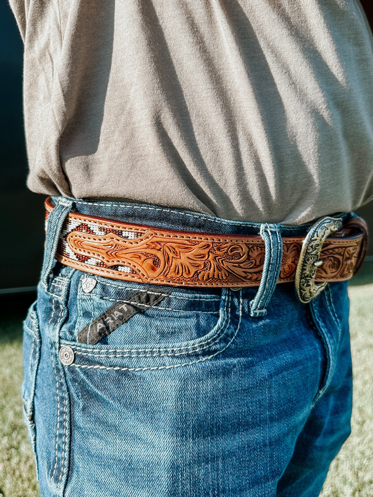 Beaded Leather Belt in Brown