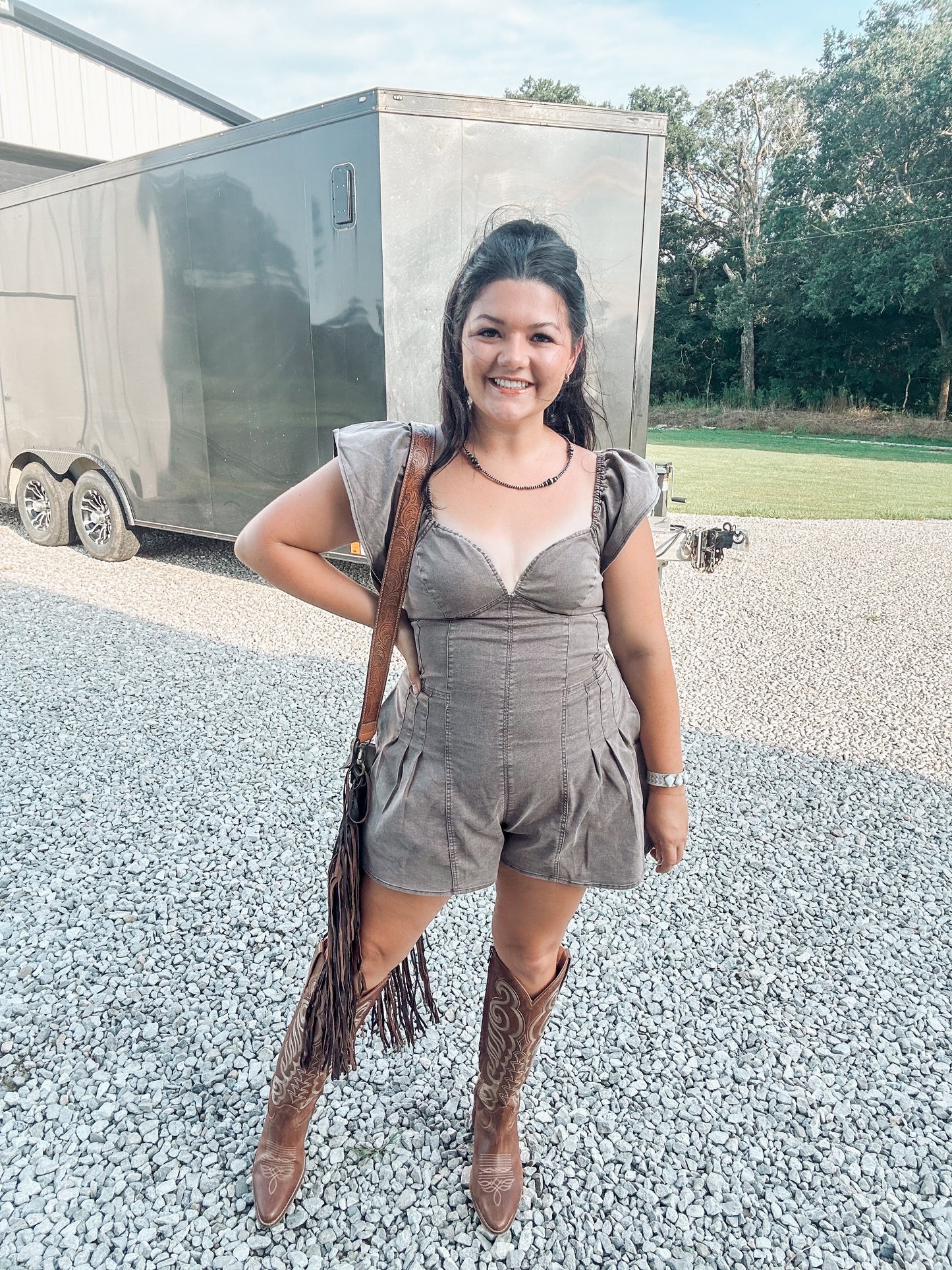 Brown Ruffle Denim Romper