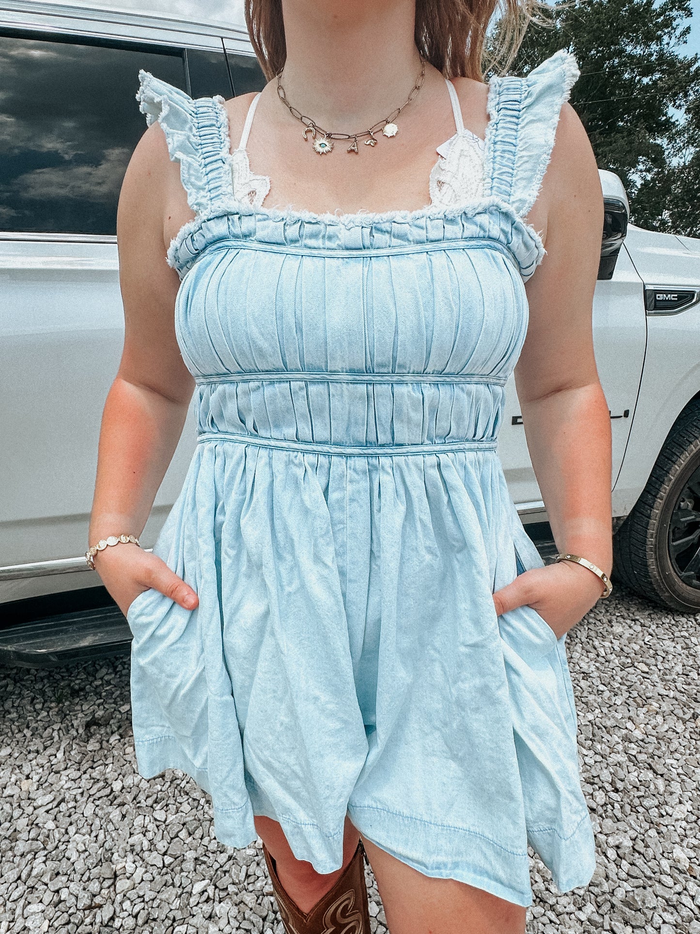 Ruffle Denim Romper in Light