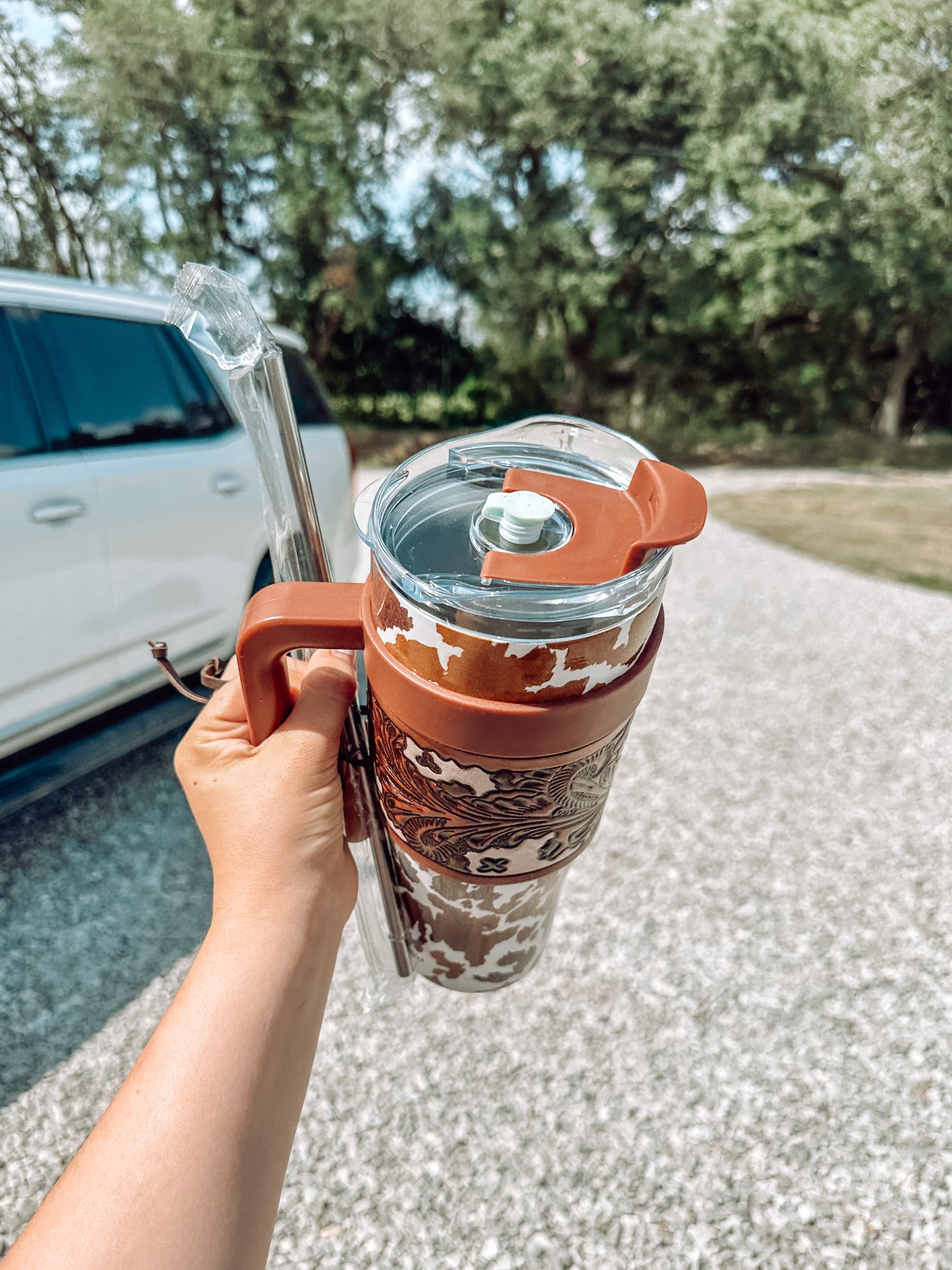 Wide Wyoming Cow Tumbler in Brown