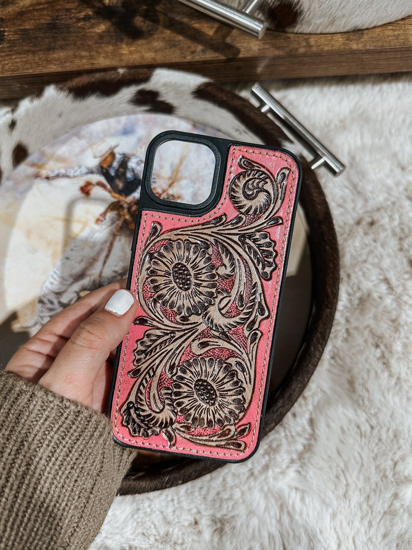 Eagles Pink Tooled Leather iPhone 15 Plus Case