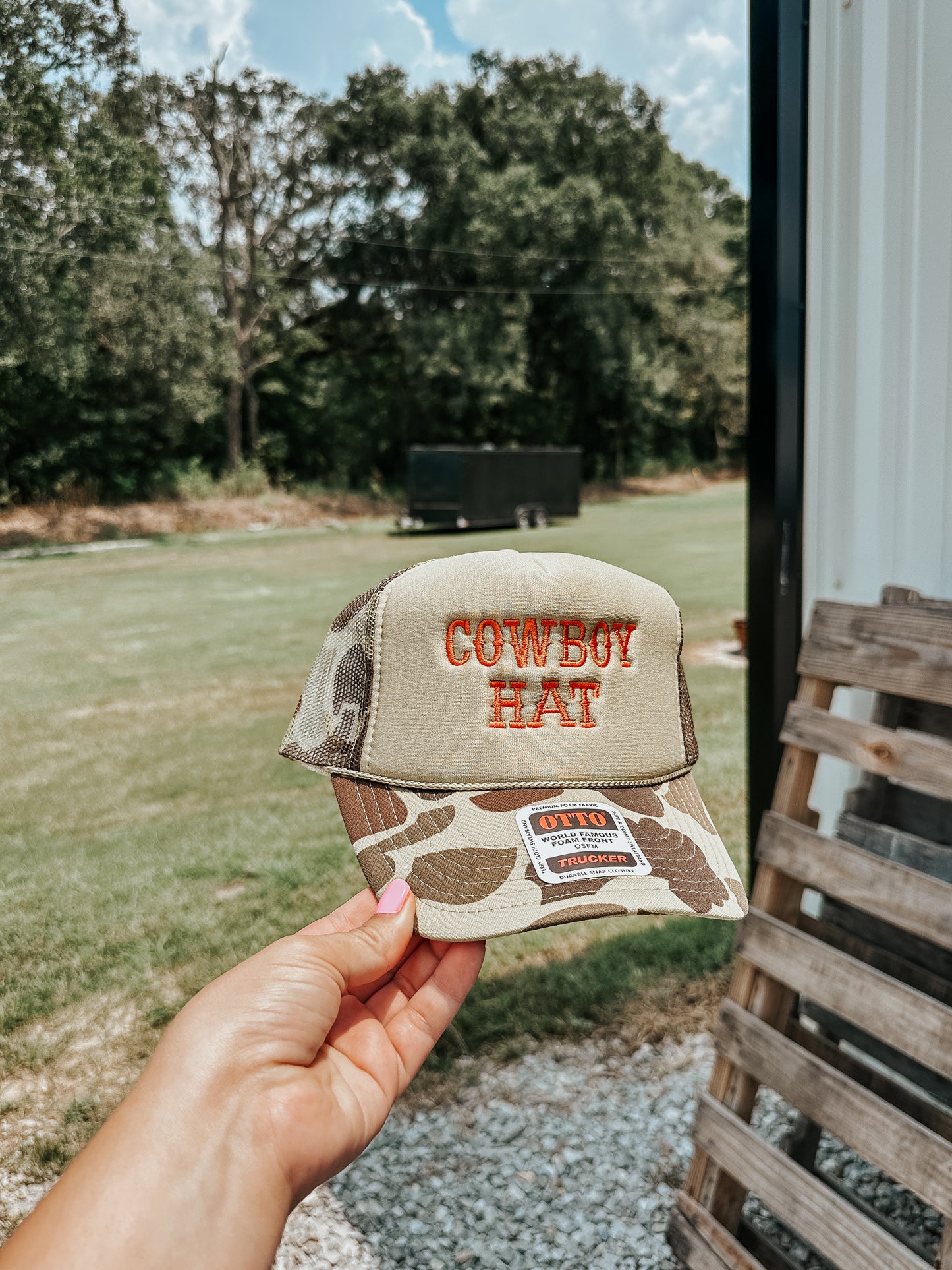 Cowboy Trucker Hat Orange & Camo