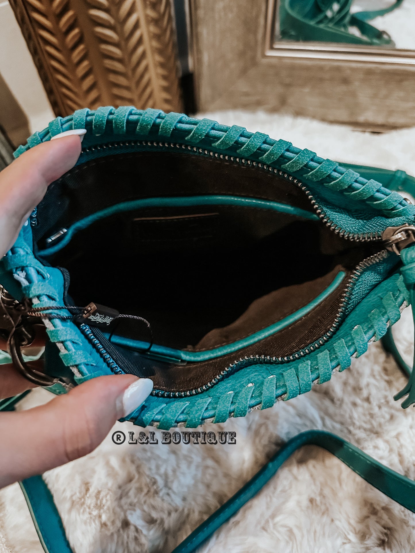 Cowhide Fringe Concealed Carry Crossbody in Turquoise