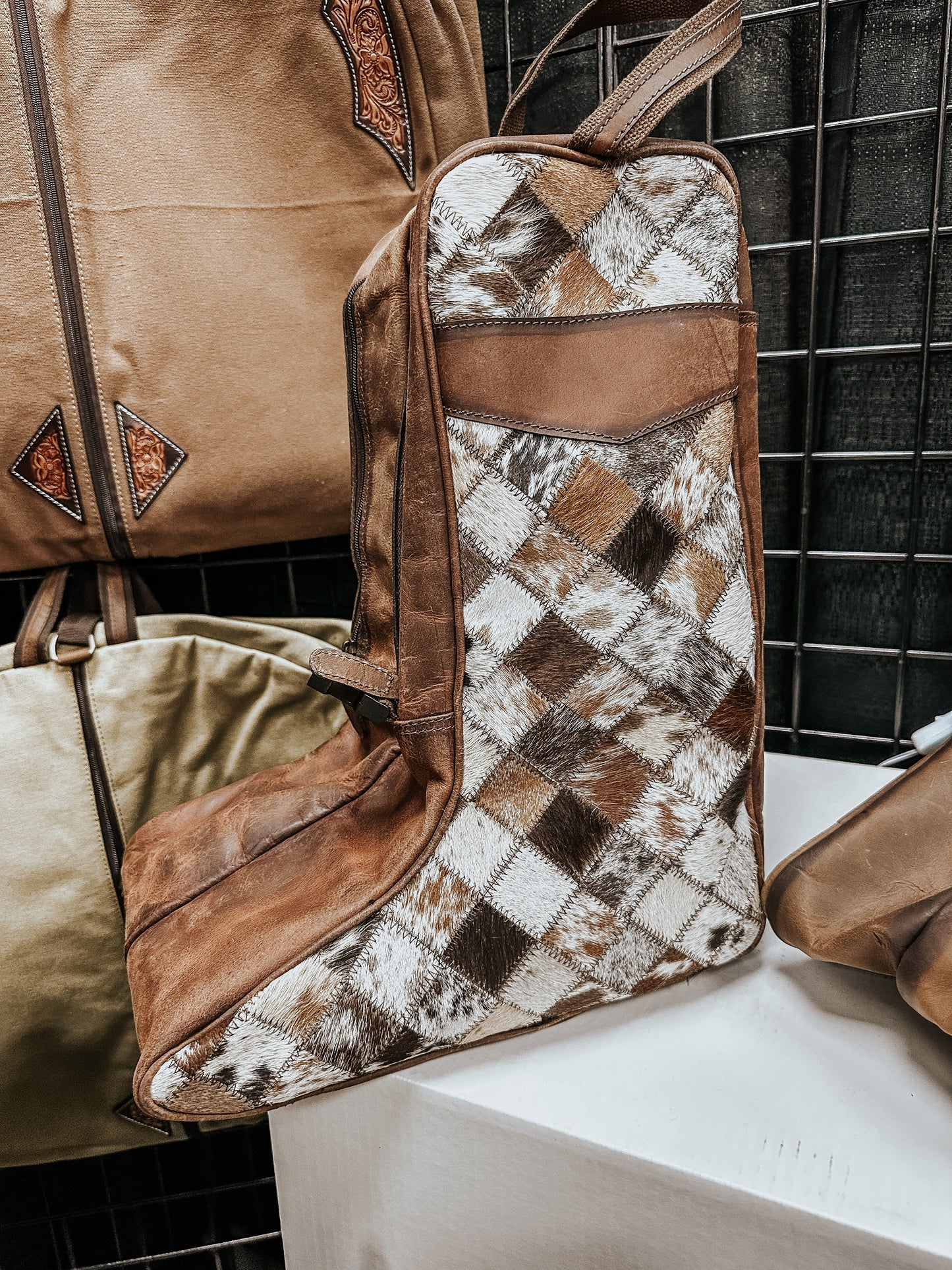 Cowhide Patchwork Boot Bag