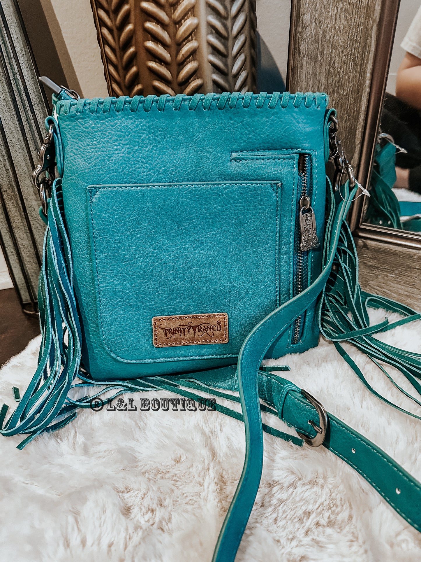 Cowhide Fringe Concealed Carry Crossbody in Turquoise
