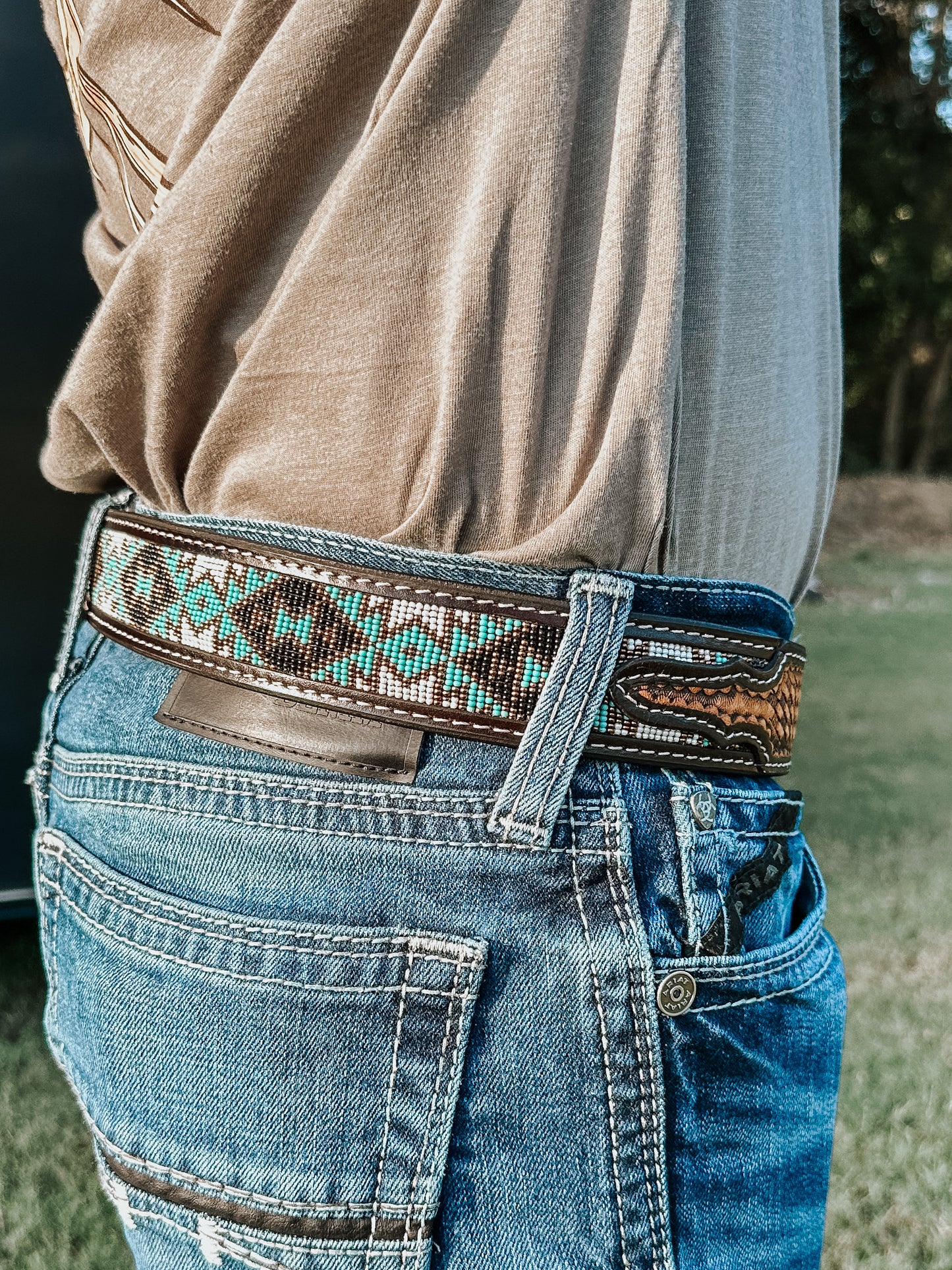 Beaded Leather Belt in Turquoise