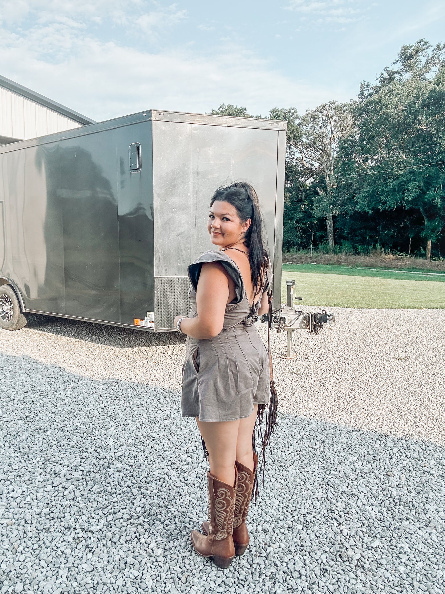 Brown Ruffle Denim Romper