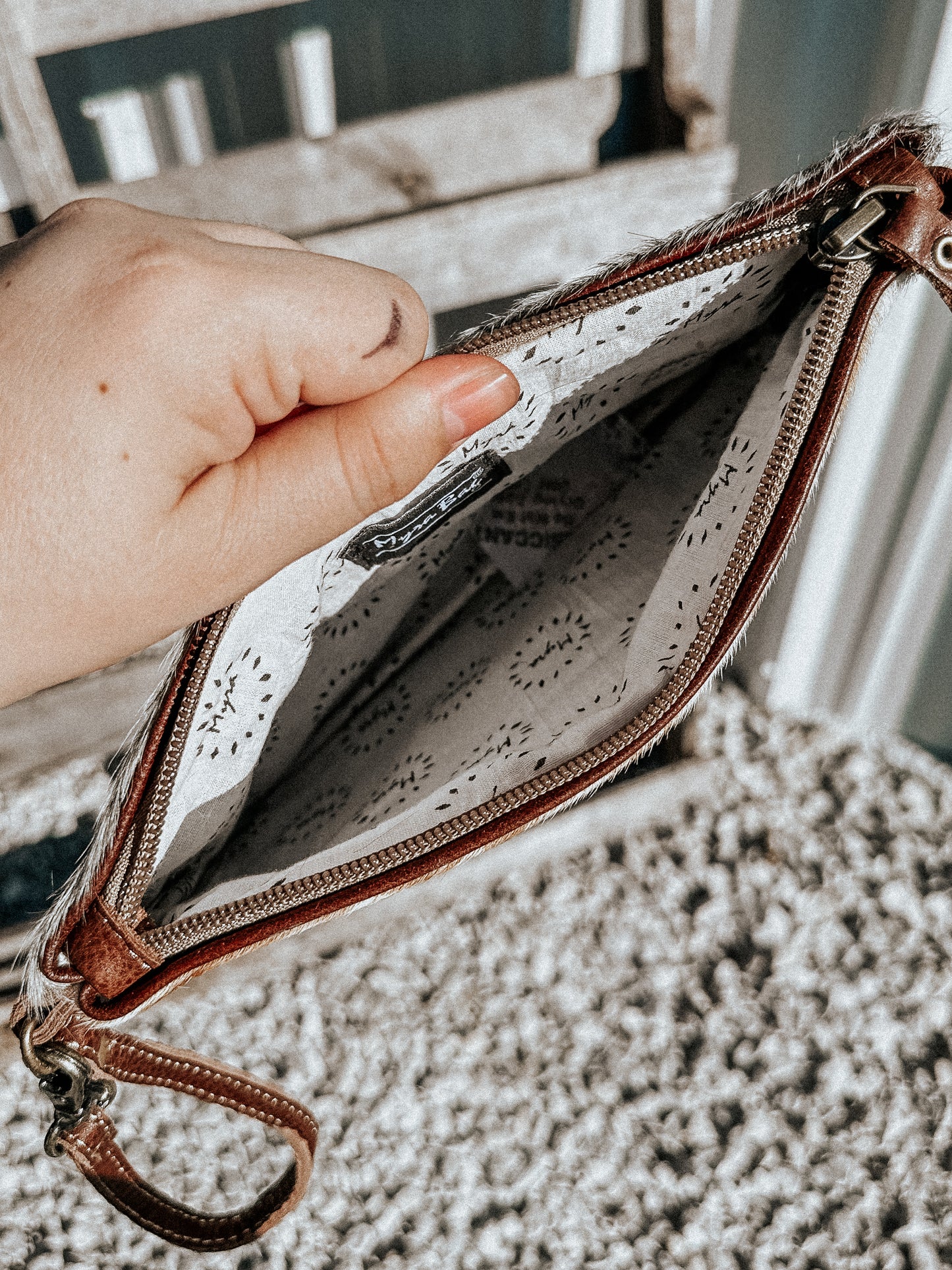 Brown & White Cowhide Wristlet Pouch