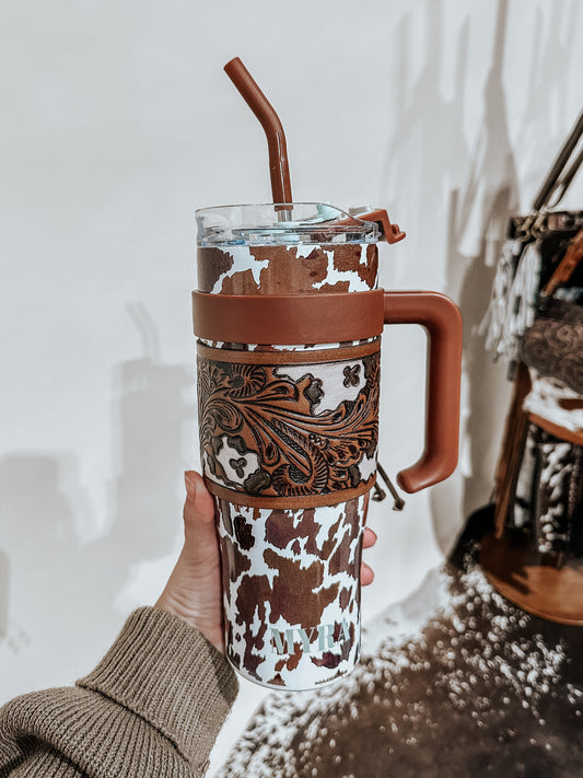 Wide Wyoming Cow Tumbler in Brown