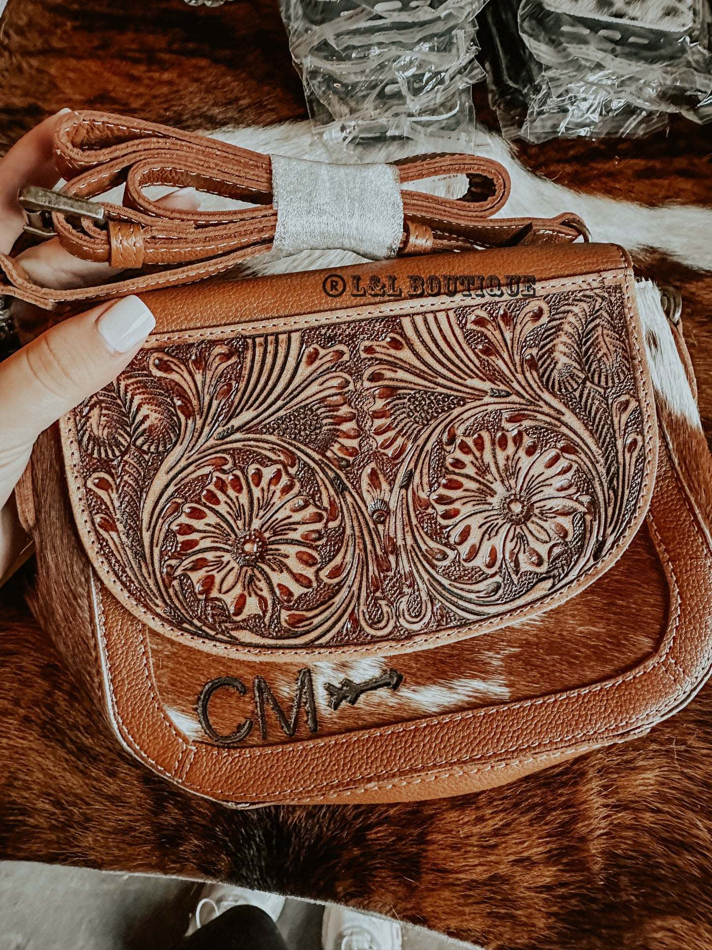 Mini Hand Tooled Cowhide Crossbody Brown