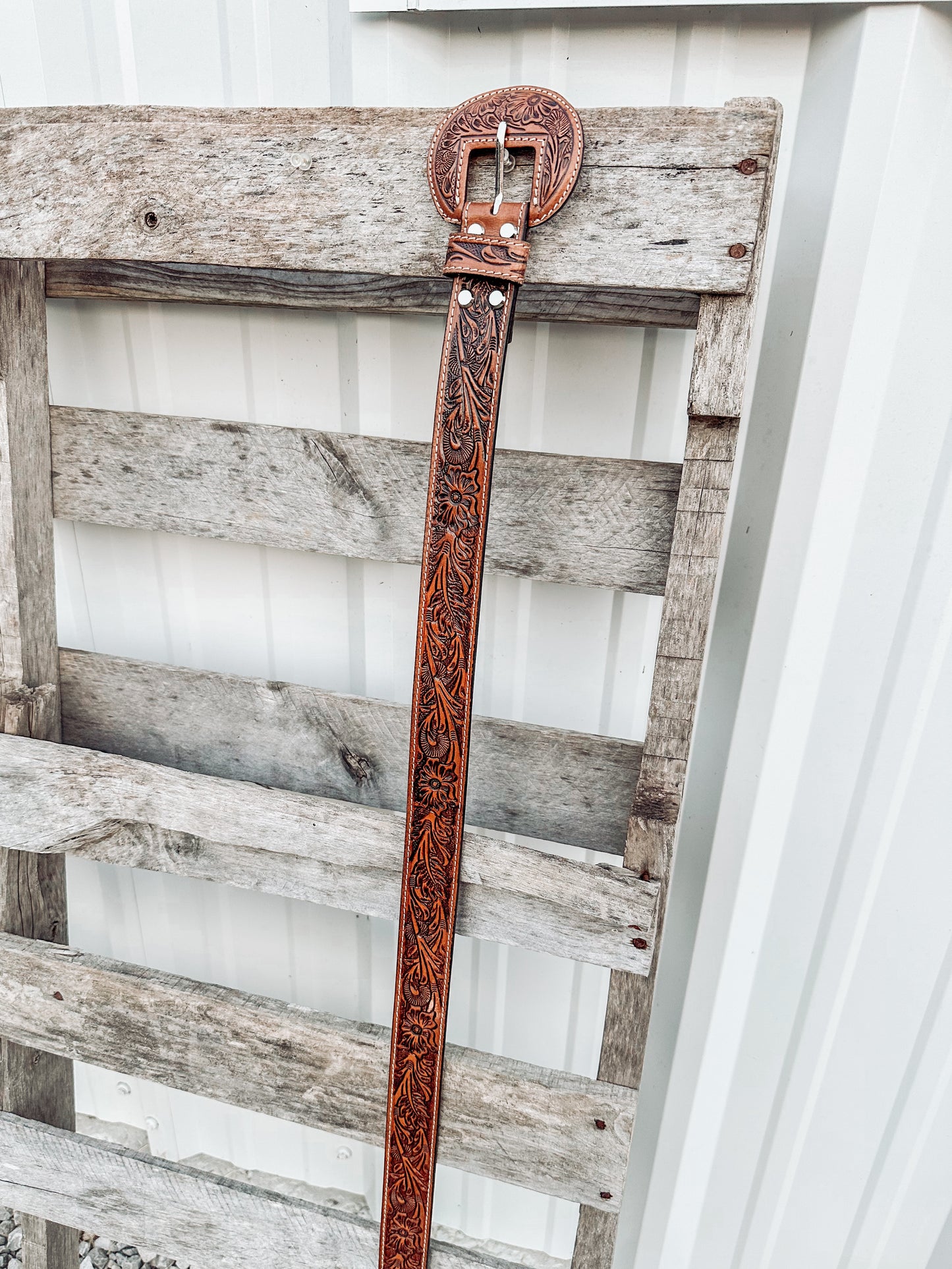 Talon Tooled Leather Belt in Brown