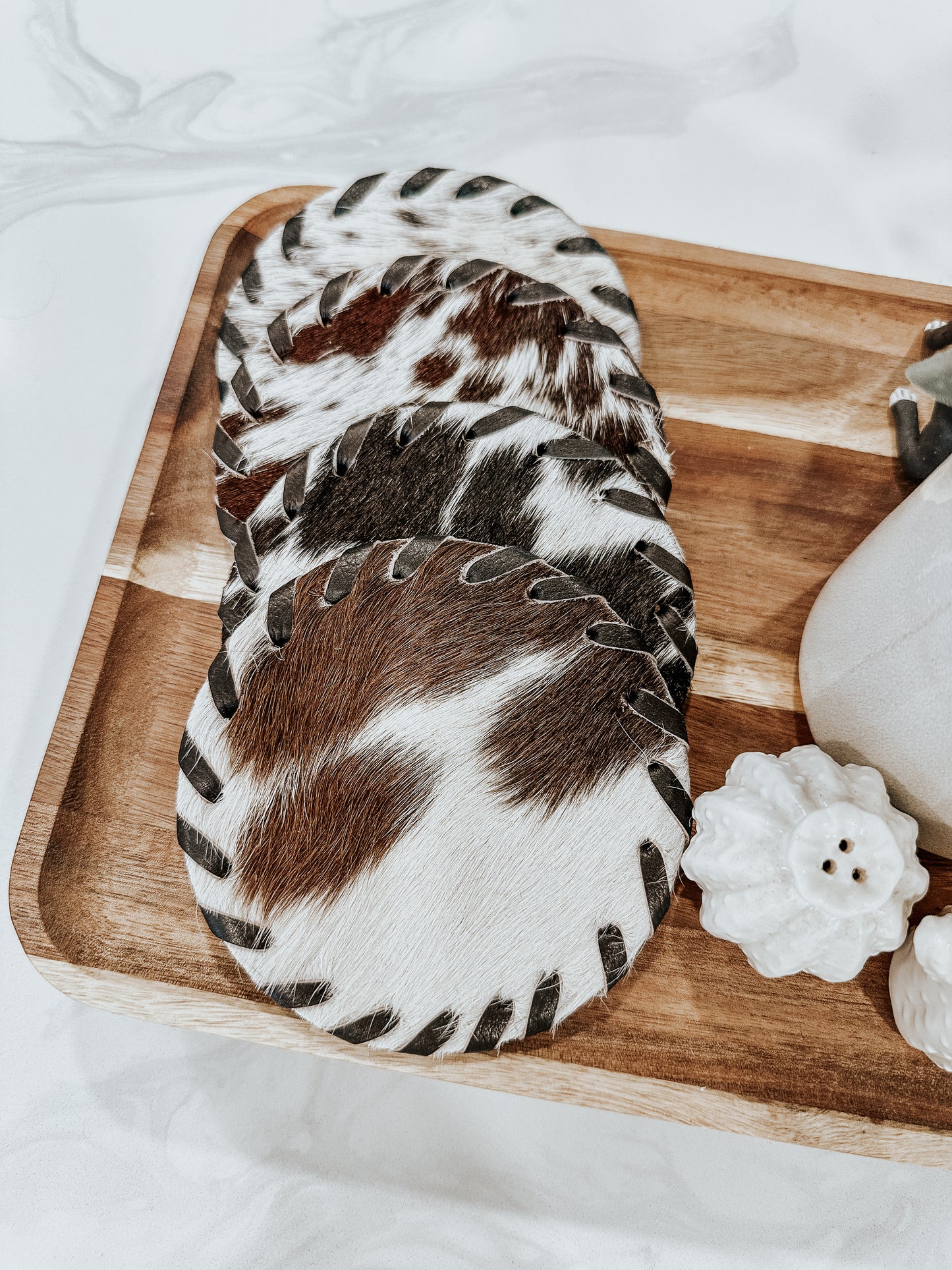 Round Stitched Cowhide Coasters in Dark Brown/Black