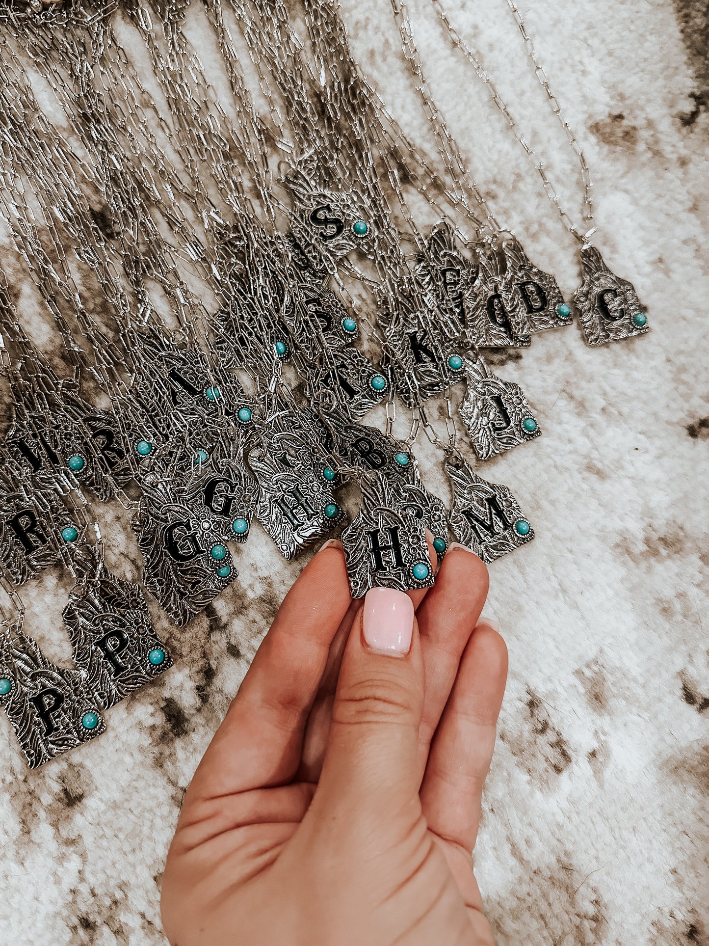 Turquoise Initial Cow Tag Necklace