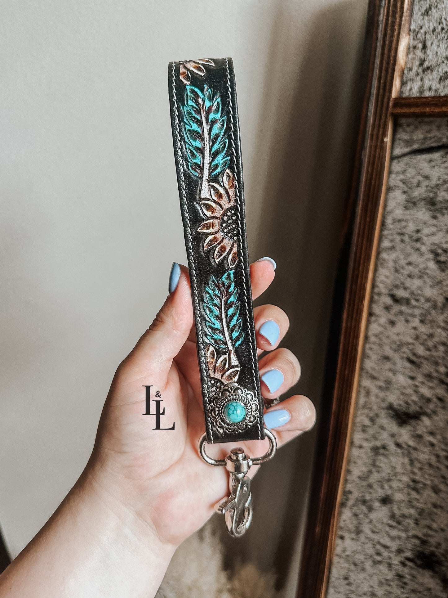 Cheyenne Blossom Hand Tooled Wristlet Keychain