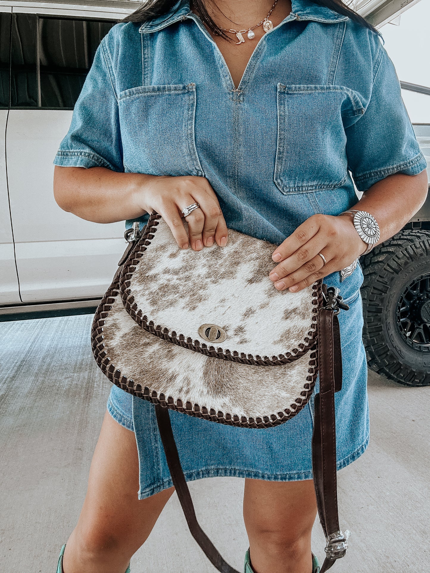 Livingston Cowhide Buck Stitch Crossbody