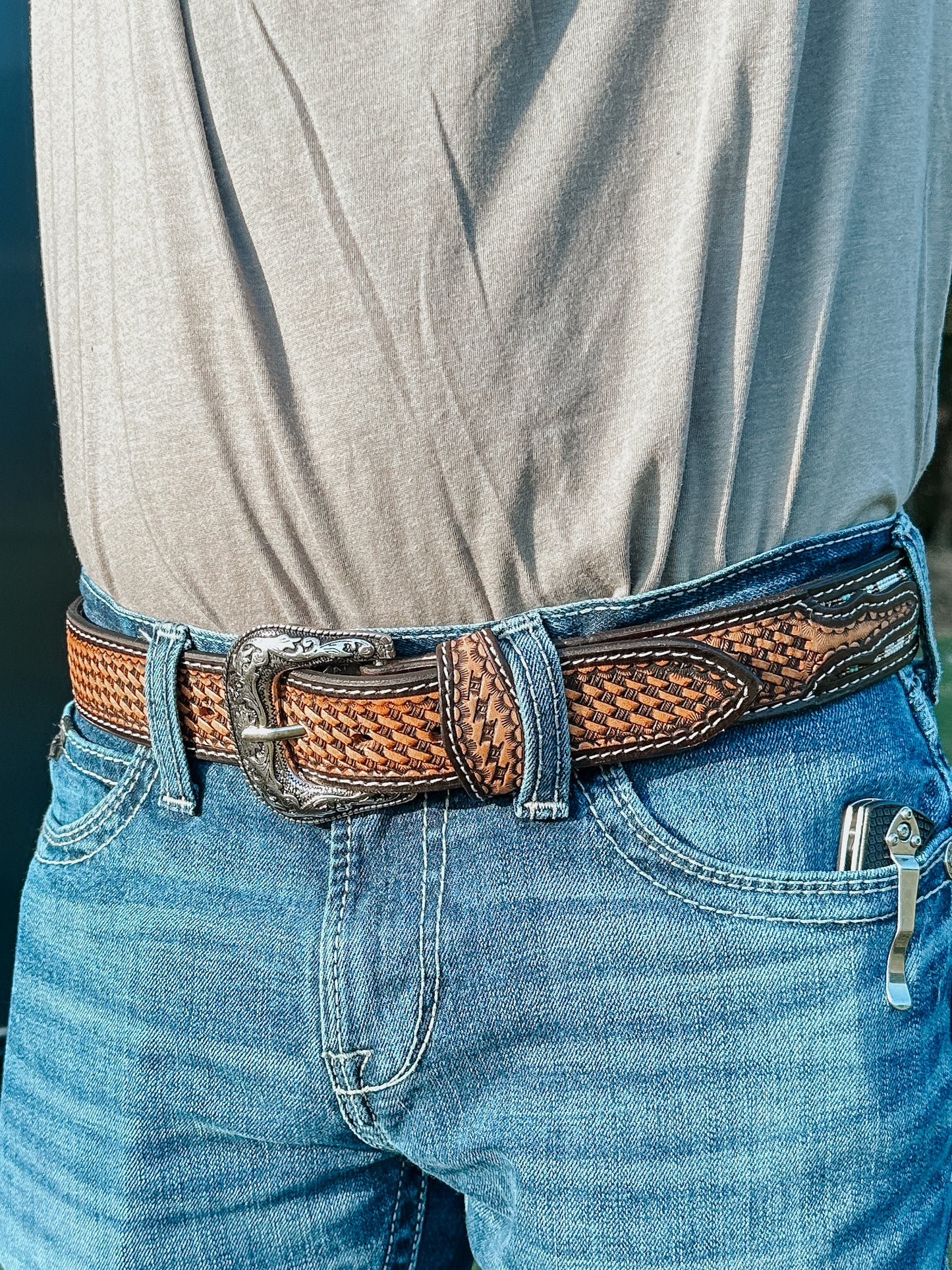 Beaded Leather Belt in Turquoise