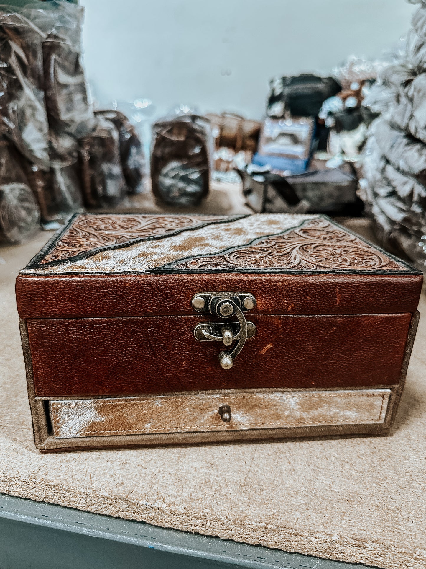 Cowhide Leather Jewelry Box with Drawers