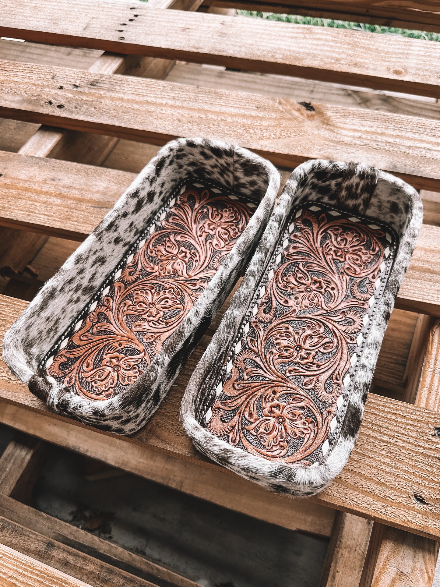 Tooled Leather Floral Cowhide Tray