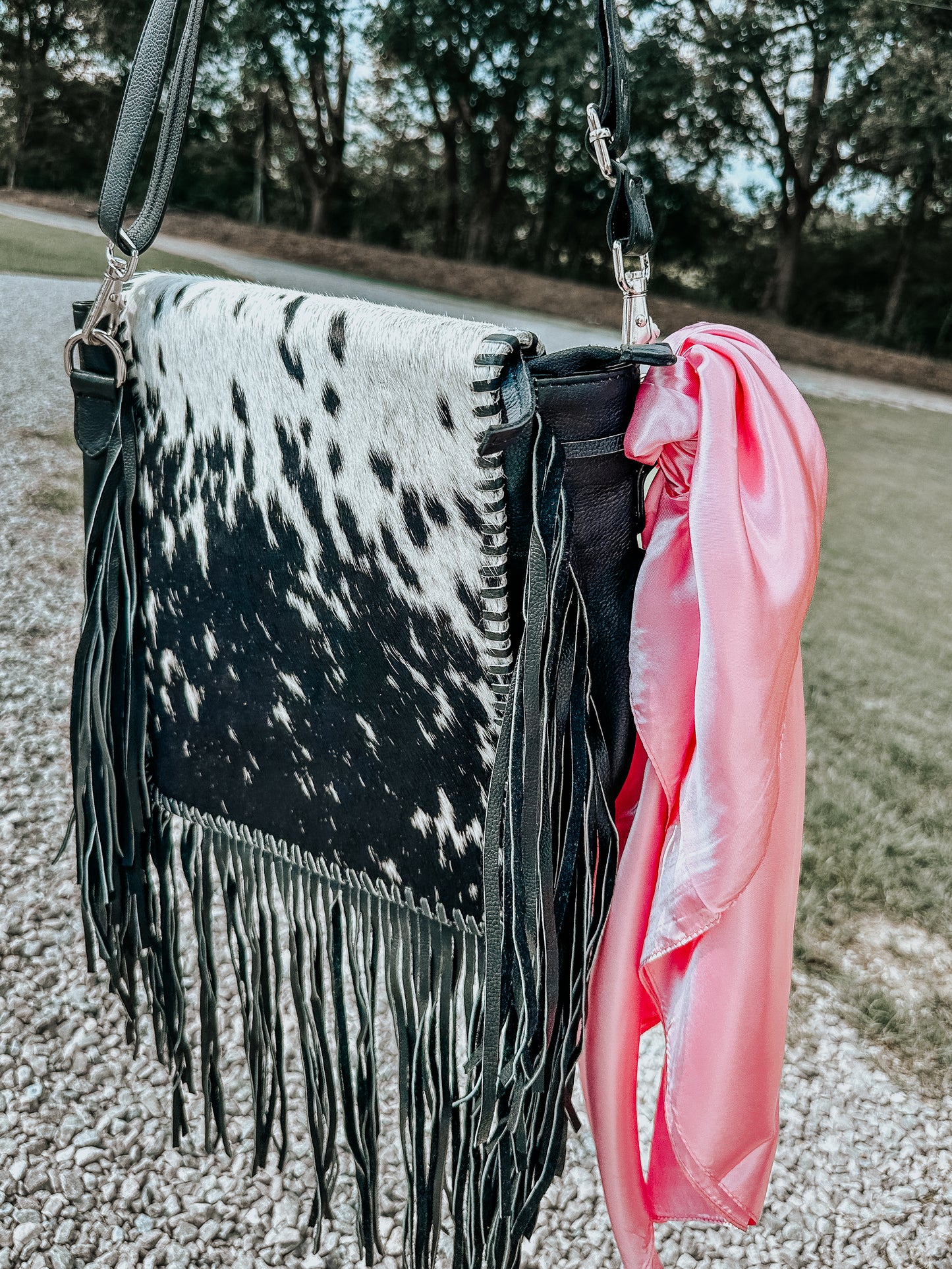 Chesapeak Cowhide Fringe Crossbody in Black