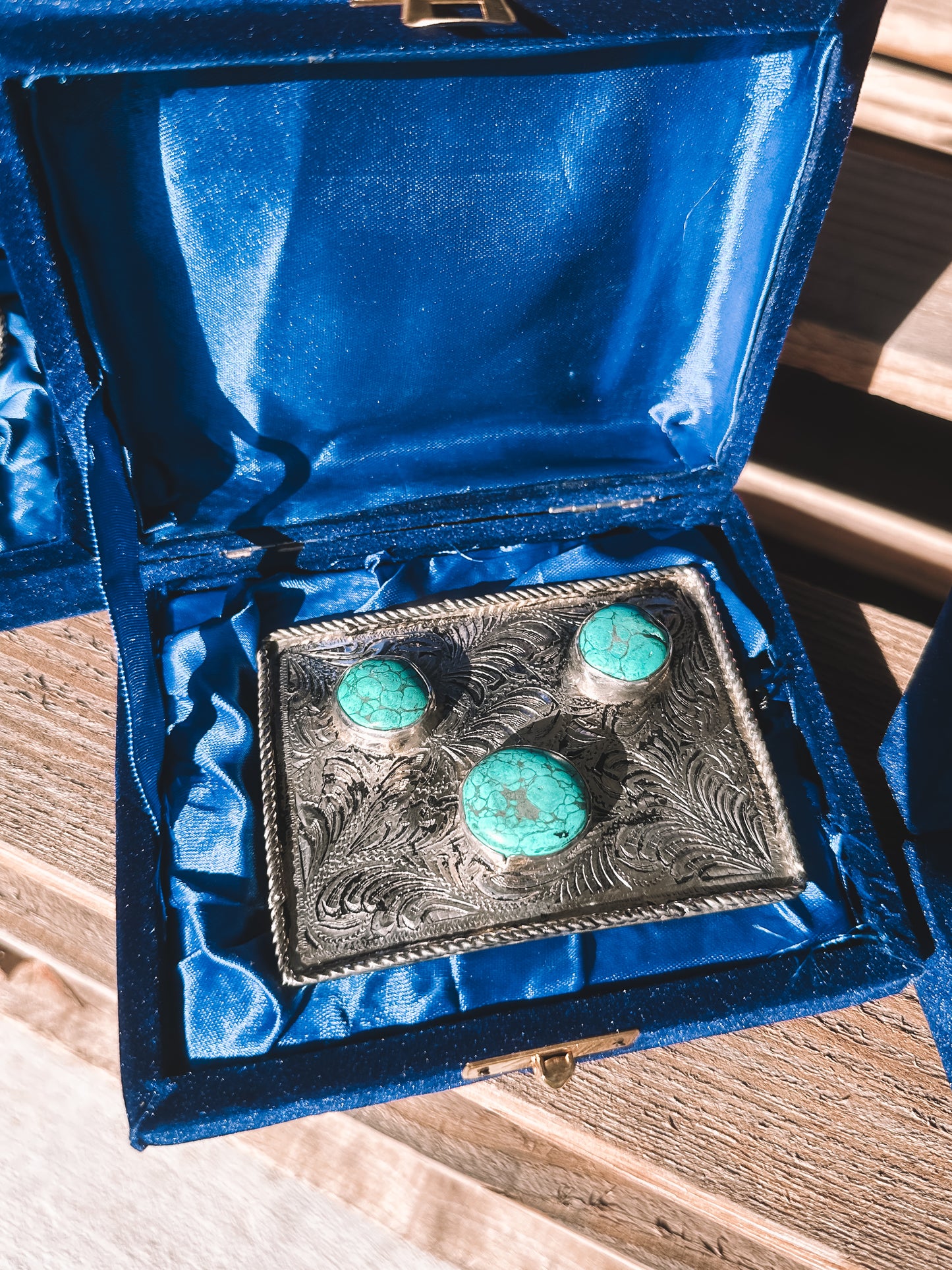 Turquoise & Silver Embossed Belt Buckle - Squared Three Stone