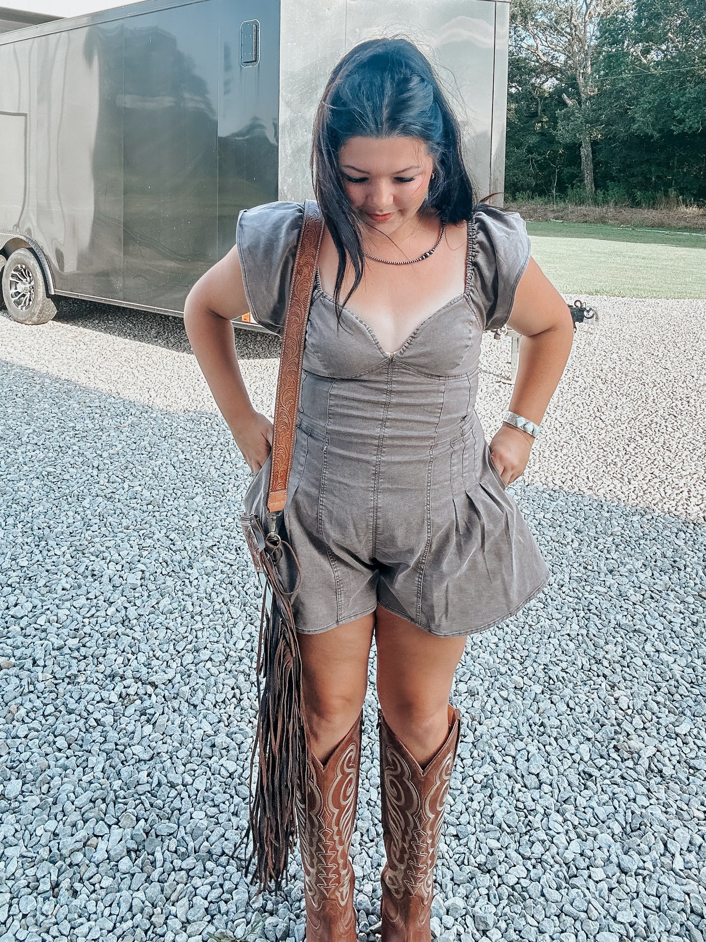 Brown Ruffle Denim Romper