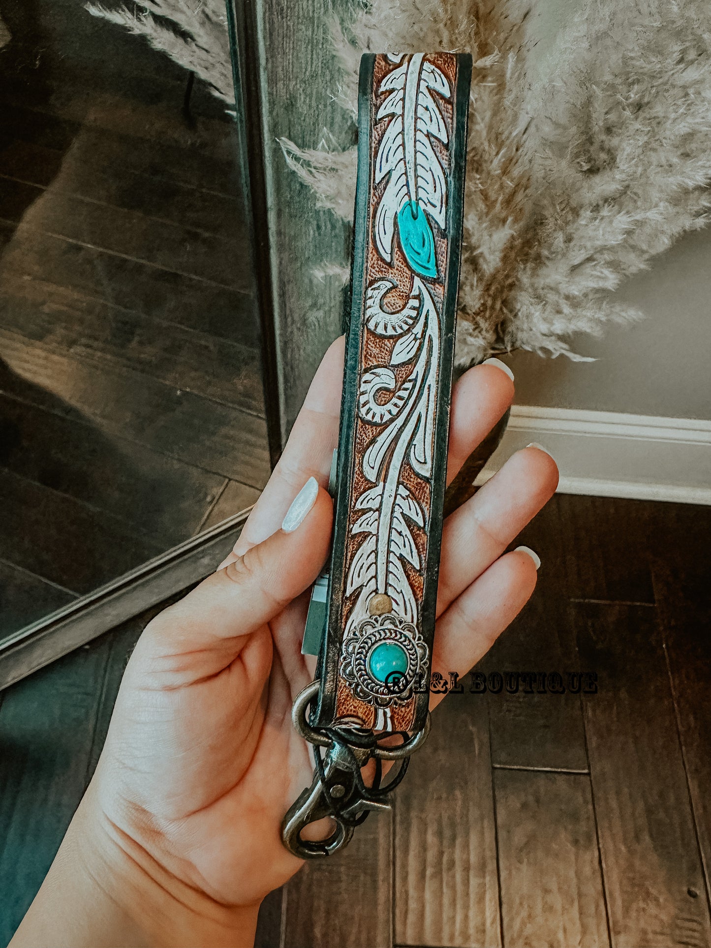 White Feather Leather Key Wristlet
