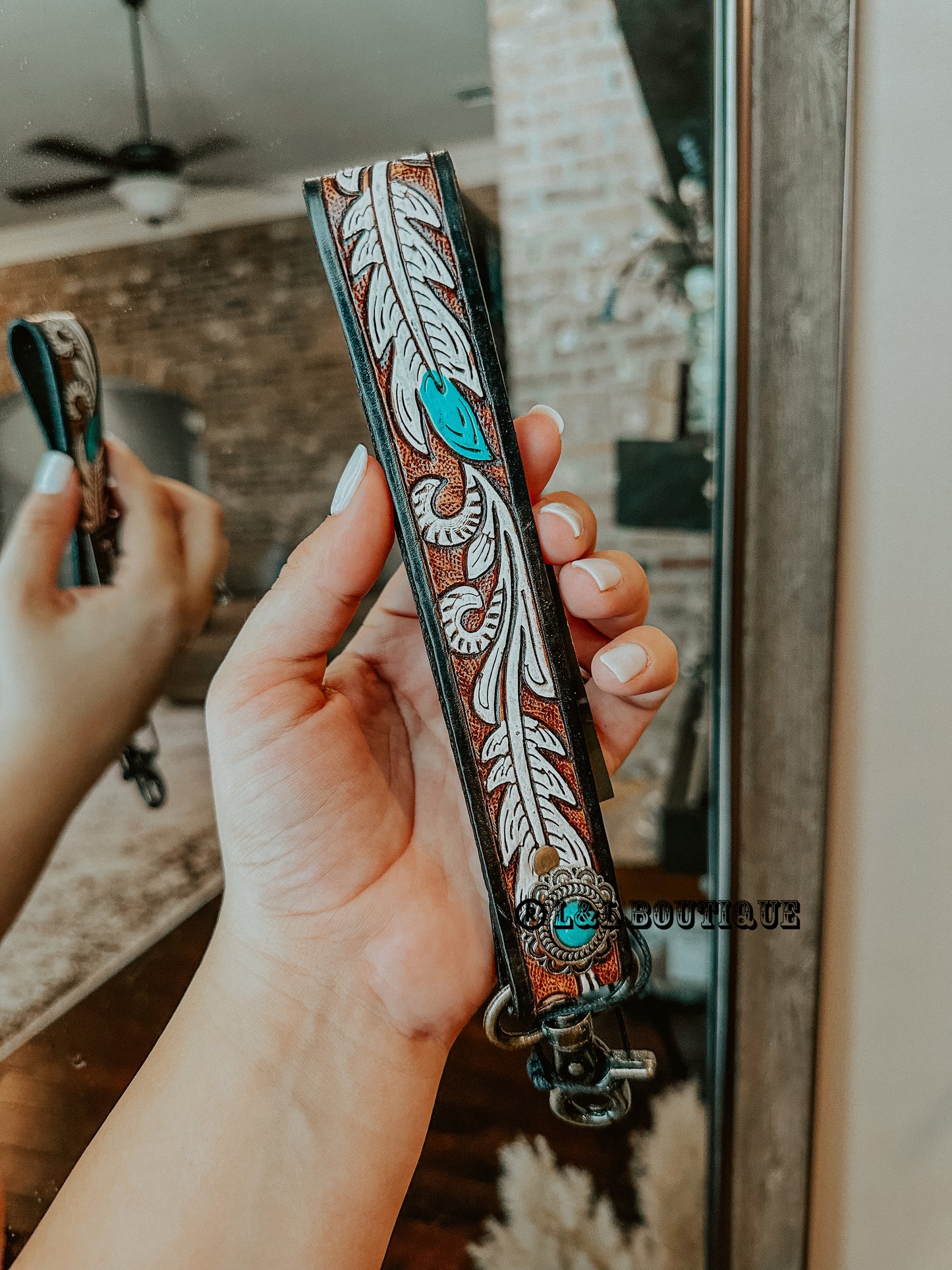 White Feather Leather Key Wristlet