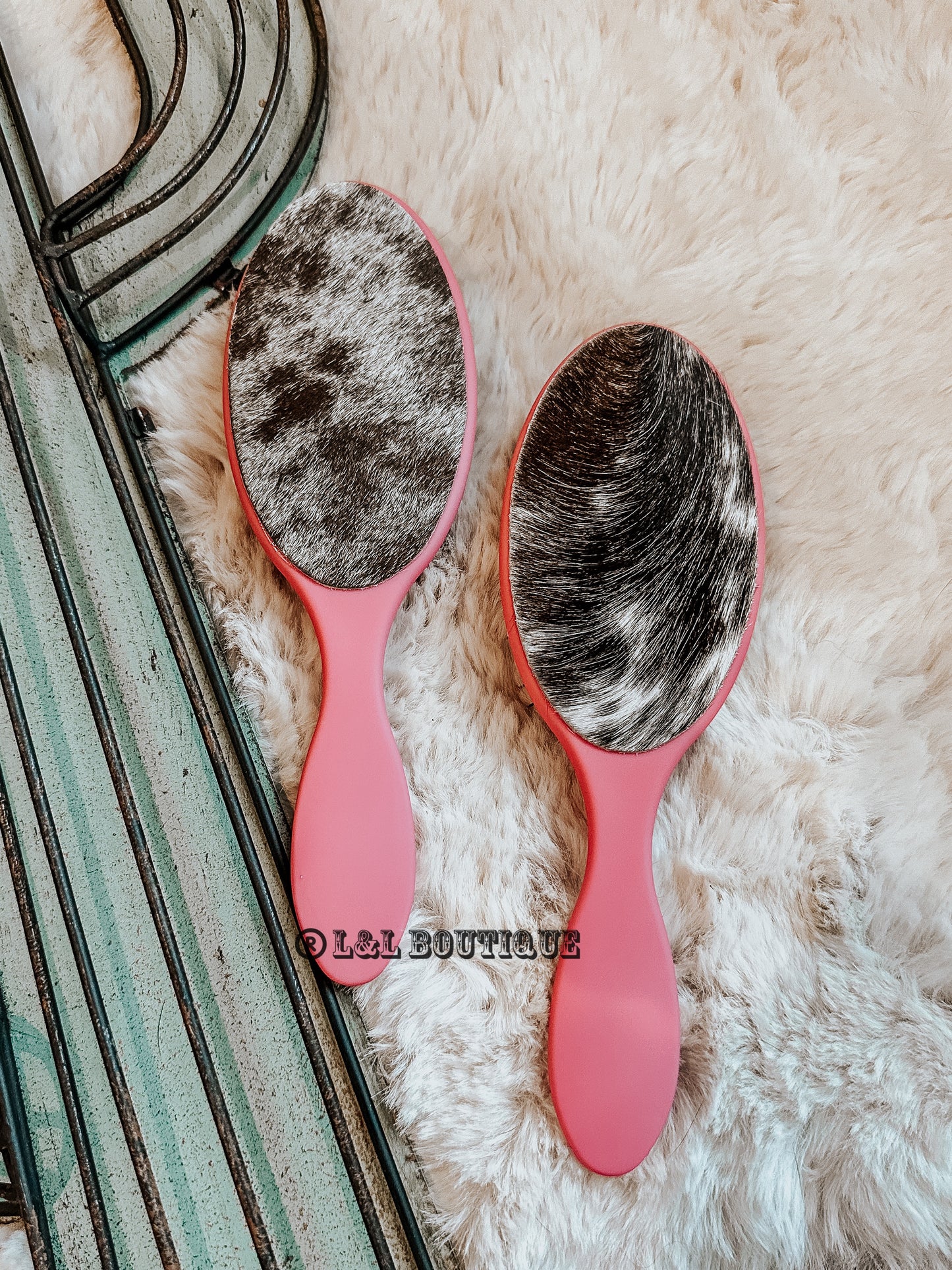 Magenta Cowhide Hair Brush in Black & White