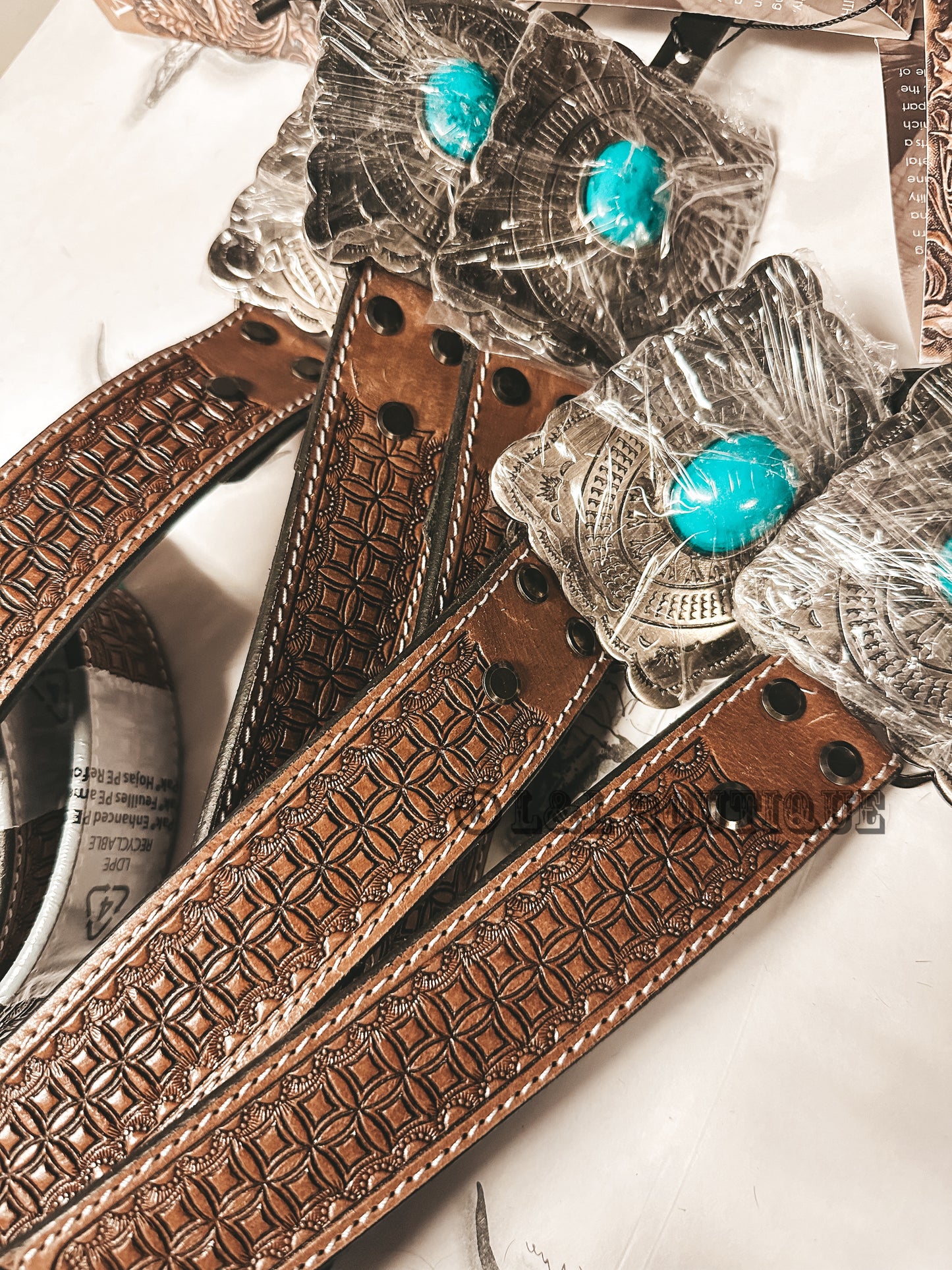 Turquoise Buckle Tooled Leather Belt