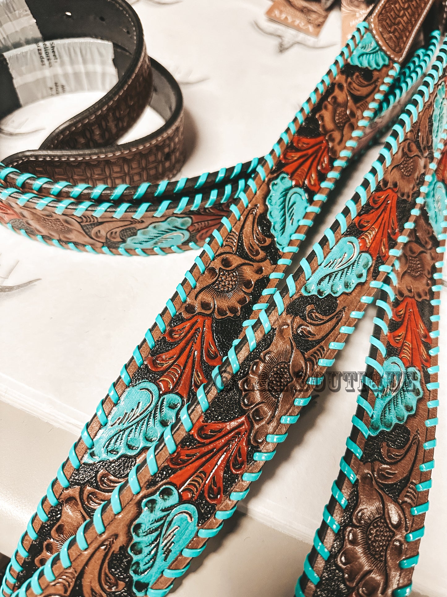 Turquoise Buckle Tooled Leather Belt