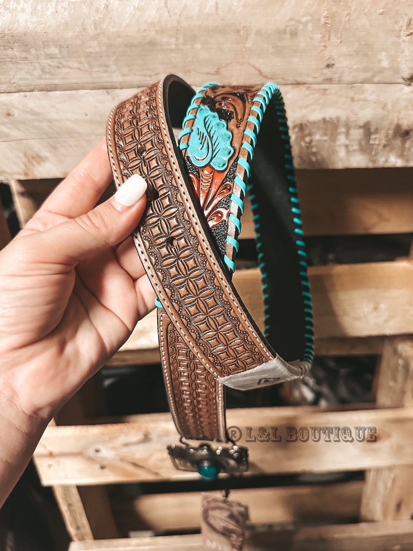 Turquoise Buckle Tooled Leather Belt