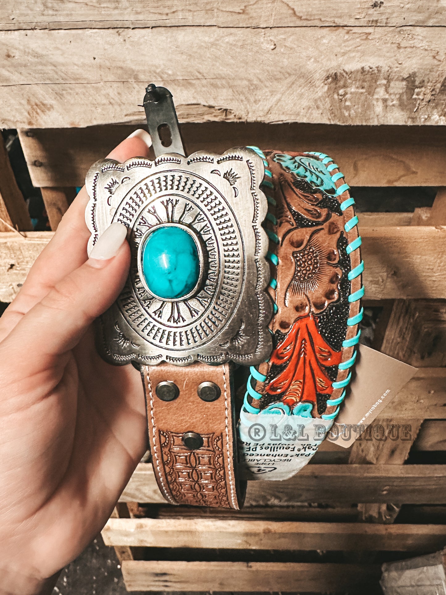 Turquoise Buckle Tooled Leather Belt