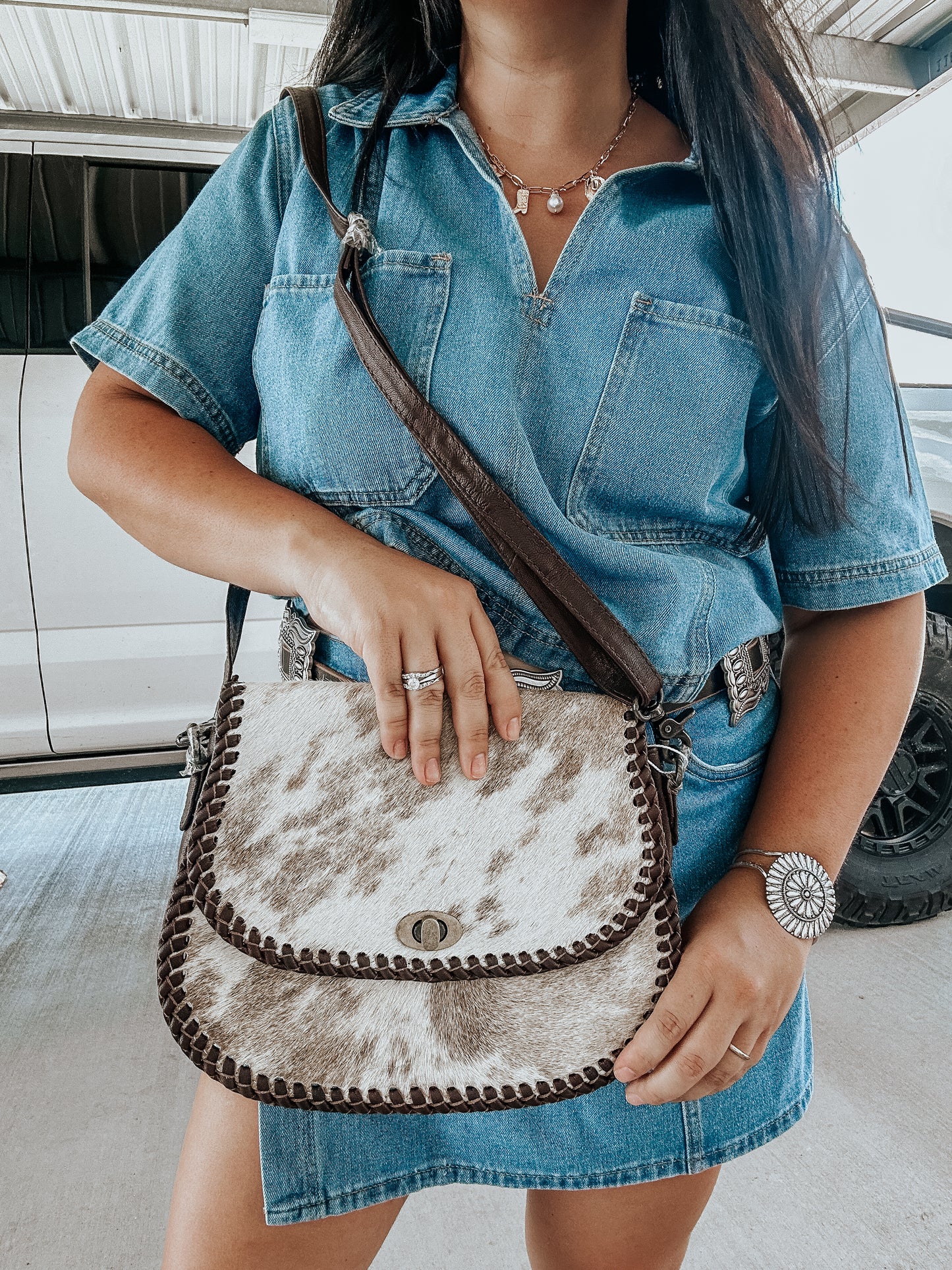 Livingston Cowhide Buck Stitch Crossbody