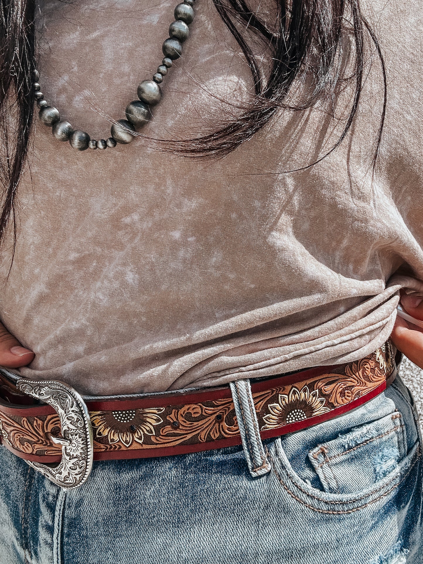 Sunflower Tooled Leather Belt