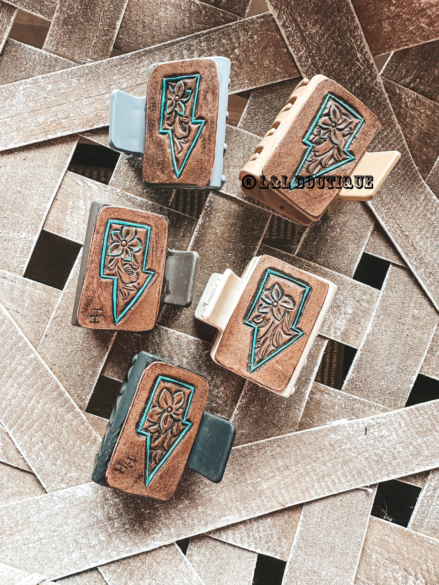 Mini Tooled Leather Claw Clip - Lightning Bolt