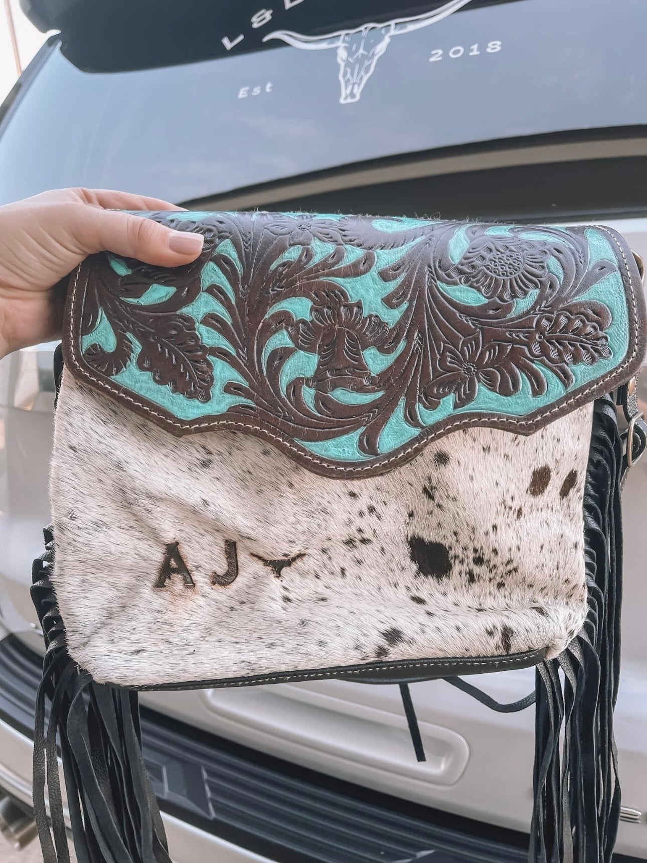 Aqua Cowhide Tooled Leather Crossbody