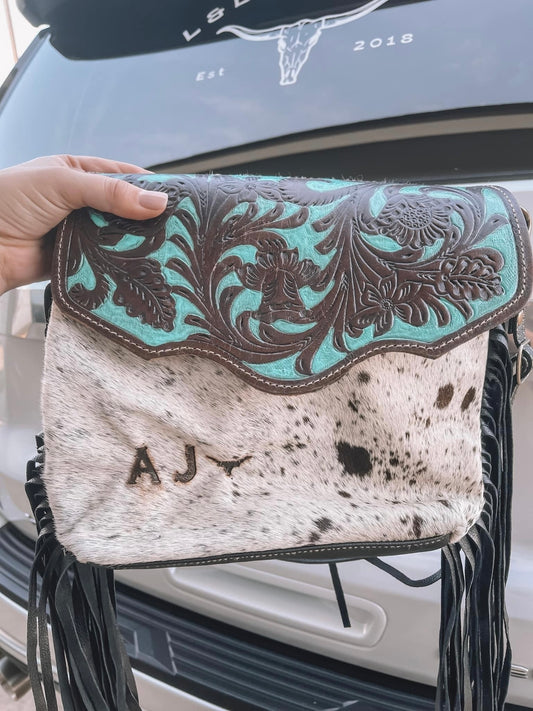 Aqua Cowhide Tooled Leather Crossbody